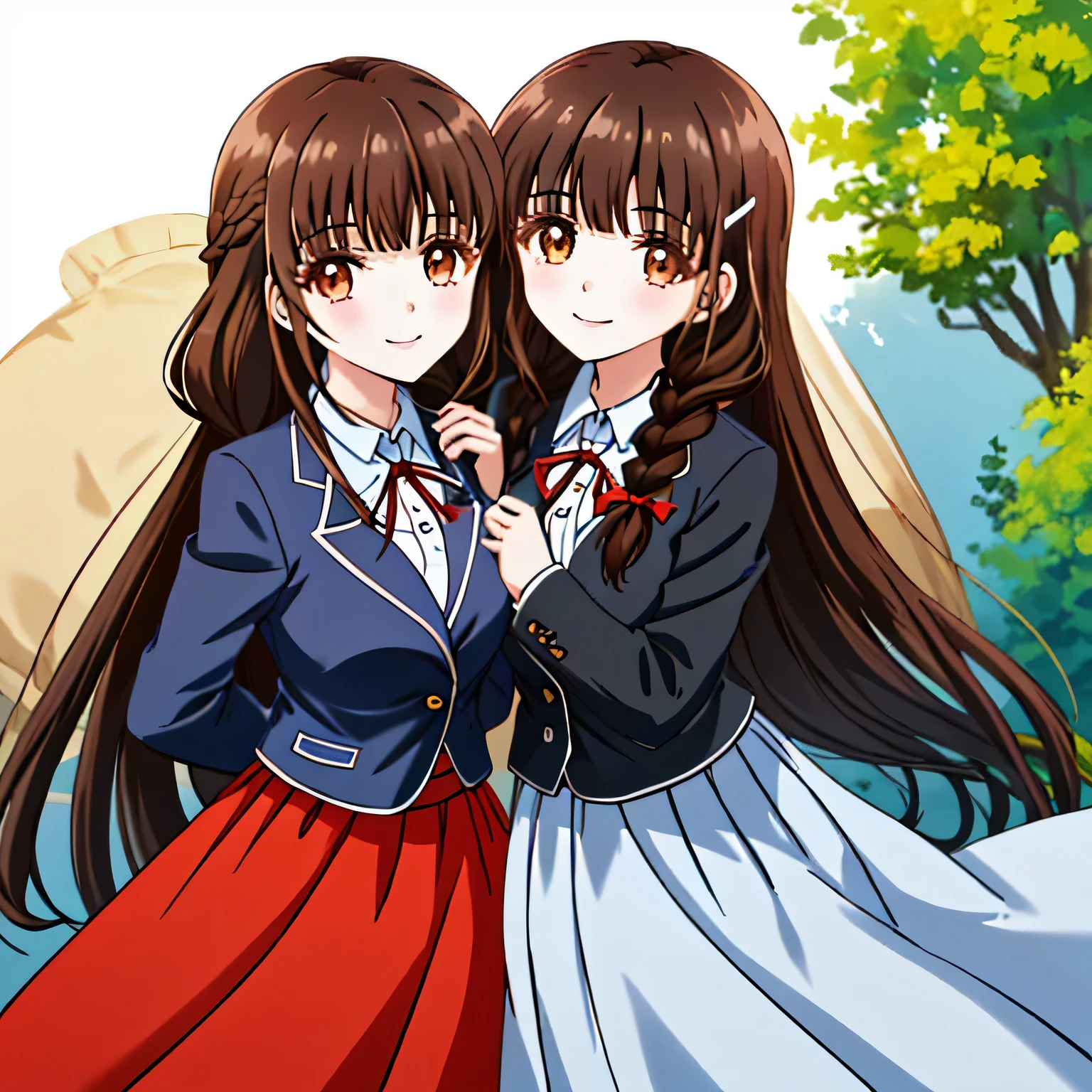 highest quality, (masterpiece:1.2), very detailed, One girl looks at the viewer and smiles, Glossy lips that make you want to kiss, nice smile, brown eyes, (((dark brown hair))), , long braids, big shiny hair clip, school uniform, Luxurious black blazer with golden emblem on the left chest, ((big red ribbon on the chest)), very shiny hair、laughter、bright look、Your face and hair shine in the light, The corners of the eyes are drooping, Cute braids, The expression of a maiden in love, (((twin braid hairstyle))), (((The long skirt has a beautiful black checkered pattern..))), A gentle and cute expression staring at the viewer, double eyelid, ((long eyelashes)), pure white background