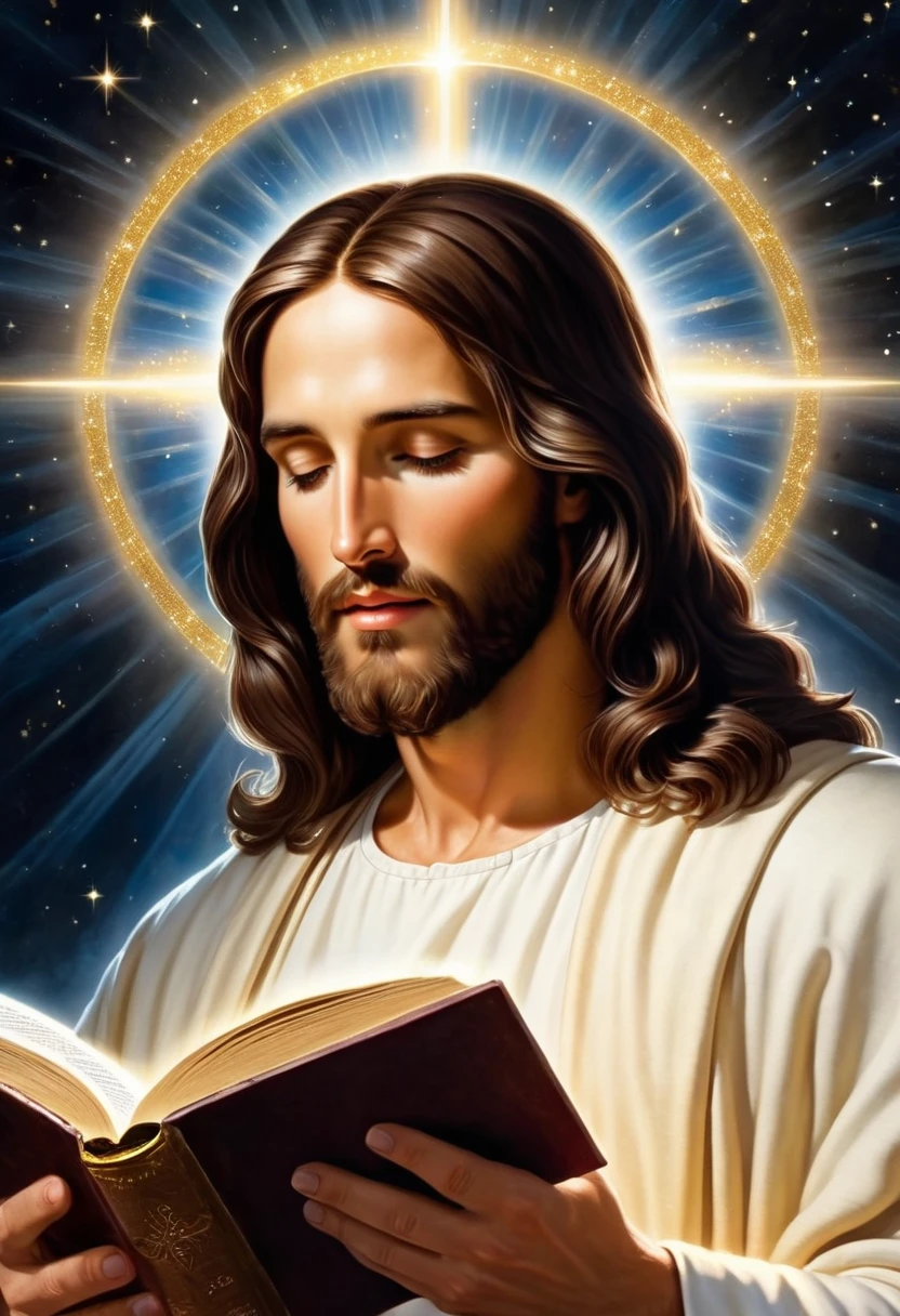 ((masterpiece, high quality))Jesus from bible, reading a book with a glittering aura, Religious images, detail, 8k