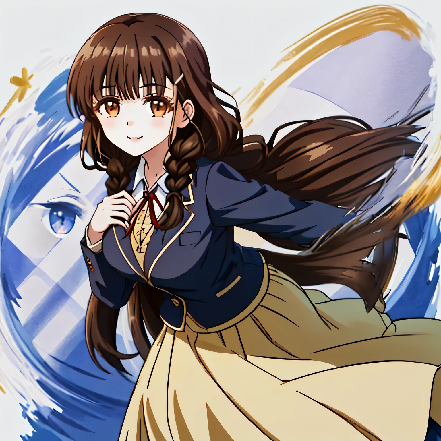 highest quality, (masterpiece:1.2), very detailed, One girl looks at the viewer and smiles, Glossy lips that make you want to kiss, nice smile, brown eyes, (((dark brown hair))), 15 years old, long braids, big shiny hair clip, school uniform, Luxurious black blazer with golden emblem on the left chest, ((big red ribbon on the chest)), very shiny hair、laughter、bright look、Your face and hair shine in the light, The corners of the eyes are drooping, Cute braids, The expression of a maiden in love, (((twin braid hairstyle))), (((The long skirt has a beautiful black checkered pattern..))), A gentle and cute expression staring at the viewer, double eyelid, ((long eyelashes)), pure white background