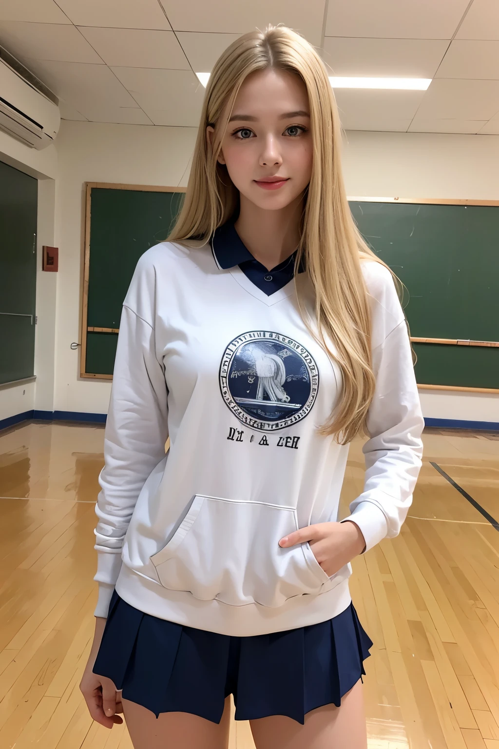 highest quality, masterpiece, 8k, ultra high resolution, (realistic: 1.4), 1 girl, beautiful face, symmetrical eyes, big, perfect body proportions, ((long hair))、(blonde), physical education teacher, Jersey up and down、the gaze of the beholder, (Inside the school: 1.2), Front view, Absolute area (1.3),smile