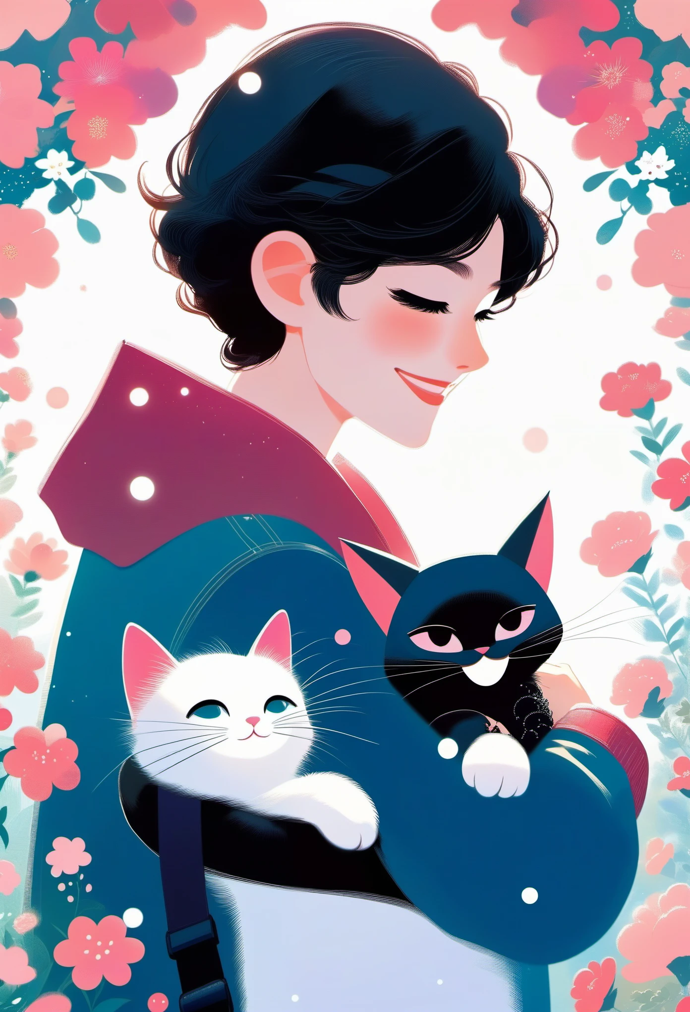 A happy and healing childhood,flowers,Beautiful artistic illustration, Inspired by Pascal Campion, fantasy illustration, Beautiful digital illustrations, Inspired by Zheng Xiaorong, Beautiful digital illustration, Illustrated in a whimsical style, author:Tatsushima Yuko,Close-up of man carrying cat on shoulders, holding a cat, very beautiful cute catwoman, she is holding a cat in her arms, There is a cat next to her, catwoman, cute illustration, author:Tatsushima Yuko, Big cheek hugging her cat, author:Zhongyuan Nantianfang, cute anime catwoman