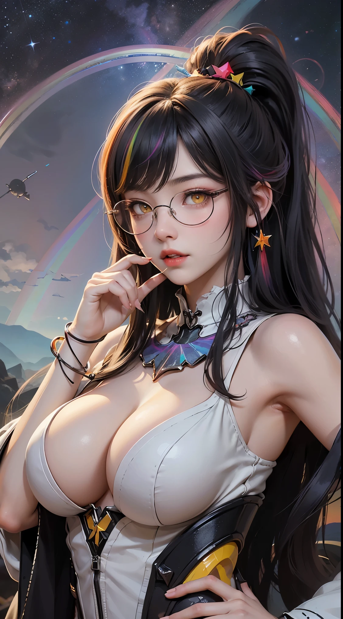 1名 27歳 woman, OK、(best illustrations)、8k UHD resolution、intricate details、最high quality、realistic、Super detailed、best lighting、best shadow、soft lighting、ultra hd、dungeon and Dragon、cave、dungeon、 necromancer、night、dark style、Succubus、devil&#39;Daughter of、bat wings，(((デーモンホーンラック縁round glasses))))、(((big breasts)))、(devil&#39;tail of)、(red eyes shine:1.6)、masterpiece、beautiful features、Tyndall effect、realisticphotograph、(high detail skin:1.2)、8KUHD、Digital single-lens reflex camera、high quality、photograph、High resolution、 absurd、Ponytail distortion、Optimal ratio of 4 fingers and 1 thumb、1 girl、hair ornaments、真っ赤に輝くgemのネックレス、gem、beautiful expression、body up、big breasts emphasis、tight waist、wide ass、Tyndall effect、Photoreal、(high detail skin:1.2)、dark and mysterious version, lipstick red lips, thin and beautiful lips, Don&#39;t laugh, please keep your mouth shut, Characters created by Karol Baku and Pino Daeni, intricate details, detailed background, very detailed, magic of light, woman, pretty face, ((((giant glasses, otaku glasses, thick glasses, round glasses))))、 looking at the Upper body of the goddess , round chest, big and round chest, phoenix hair brooch, long hair with bangs, (Long hair has seven colors like a rainbow:1.9), Beautifully detailed face and well-proportioned eyes, (clear yellow eyes: 1.8), Big round eyes and very beautiful and detailed makeup, Visionary, long silk nightgowns, mysterious makeup, ブresponseレット, I dyed my side bangs and light yellow., Upper body, (goddess Upper body: 1.8), hanging arms, リアルで鮮やかなphotograph, (stars that make up : 1.7), ( sky and fictitious space and time portal: 1.8), fiction art, RAWphotograph, 着物のphotograph, 最高のphotograph , expensive_response, 最high quality, 最高のphotograph, 8K quality, 8K Ultra , surrealism, 最も経済的な本物のphotograph, artistic portrait of 12 signs, 1 symbol of 12 signs behind, single portrait of 12 goddess, 最もrealistic配色, 最高のphotograph color, masterpiece, hair ornaments, ネックresponse, jewelry, beautiful face, Upper body, Tyndall effect, photographのようにリアルな, Dark studio, border light, two tone light, (fine skin) expensive: 1.2), 8k UHD, Digital single-lens reflex camera, soft light, expensive quality, volume light, Frank, photograph, expensive responseolution, 4K quality, 8k, Bokeh, smooth and sharp, 10x more pixels, Charming goddess, sexy goddess, (background space: 1.8), (milky way: 1.7), aurora, lightning, (auroraの背景: 1.8) <roller:crazy_perfect eyes_v1_from_v1_, beautiful goddess and flowers,