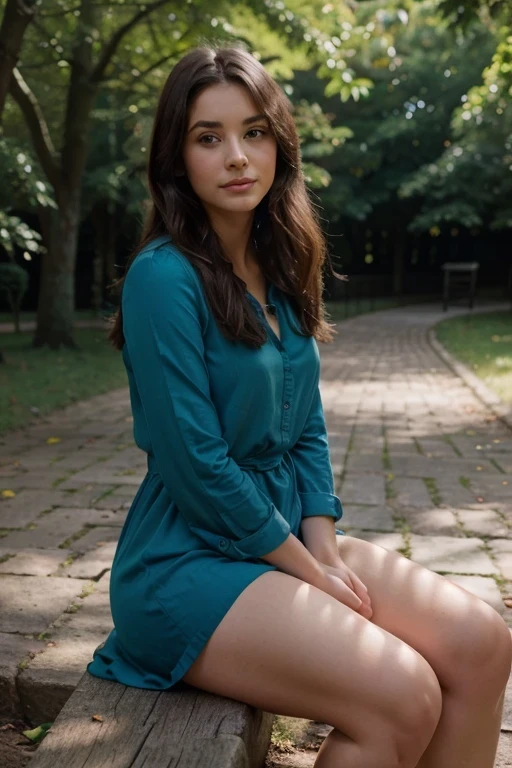 Ein ultrarealistisches Foto, taken with a Sony α7 III camera, Ausgestattet mit einem 85-mm-Objektiv bei F 1.2 Blendeneinstellungen, Depiction of a 25-year-old young brunette woman, gekleidet mit einem blauen Kleid, Sitzen auf einer Holzbank in einem sonnendurchfluteten Park. The background is beautifully blurred, das Thema hervorheben. The park is decorated with lush greenery and blooming flowers, create a calm atmosphere. Sanftes Sonnenlicht beleuchtet anmutig das Gesicht und die Haare des Motivs, wirft einen traumhaften Glanz. Das Bild, Recorded in high resolution and a 16:9 aspect ratio, captures the subject's natural beauty and personality with stunning realism -ar 16:9 -