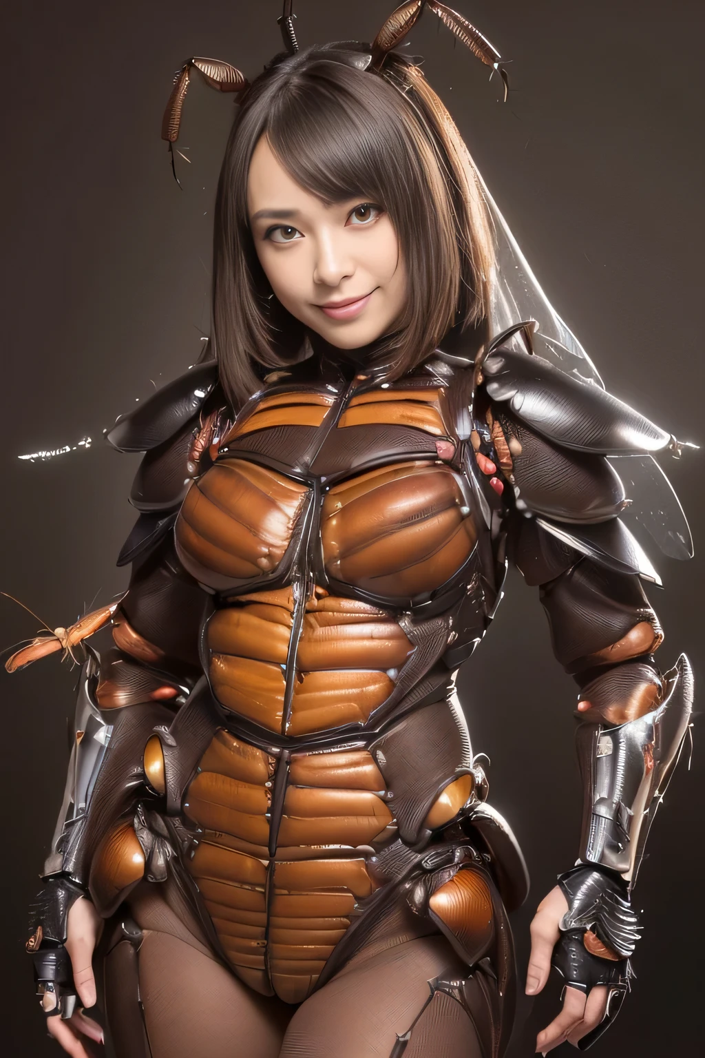 (High resolution,masterpiece,highest quality,Very detailed CG, anime, official art:1.4), realistic, photograph, amazing detail, everything is complicated, shiny and glossy,Amazing number of layers, 8K wallpaper, 3D, sketch, cute, figure,( alone:1.4), perfect female proportions,villain&#39;s daughter, (Fusion of dark brown cockroach and lady:1.4), (brown cockroach woman:1.2), (brown cockroach woman:1.2), (Fusion:1.2), (alone:1.4), (evil smile:1.2), muscular, abs, (Cockroach brown exoskeleton bio insect suit:1.4), (Cockroach brown exoskeleton bio insect armor:1.2), (brown transparent cockroach feathers:1.4), (Antennae of brown cockroaches:1.3),