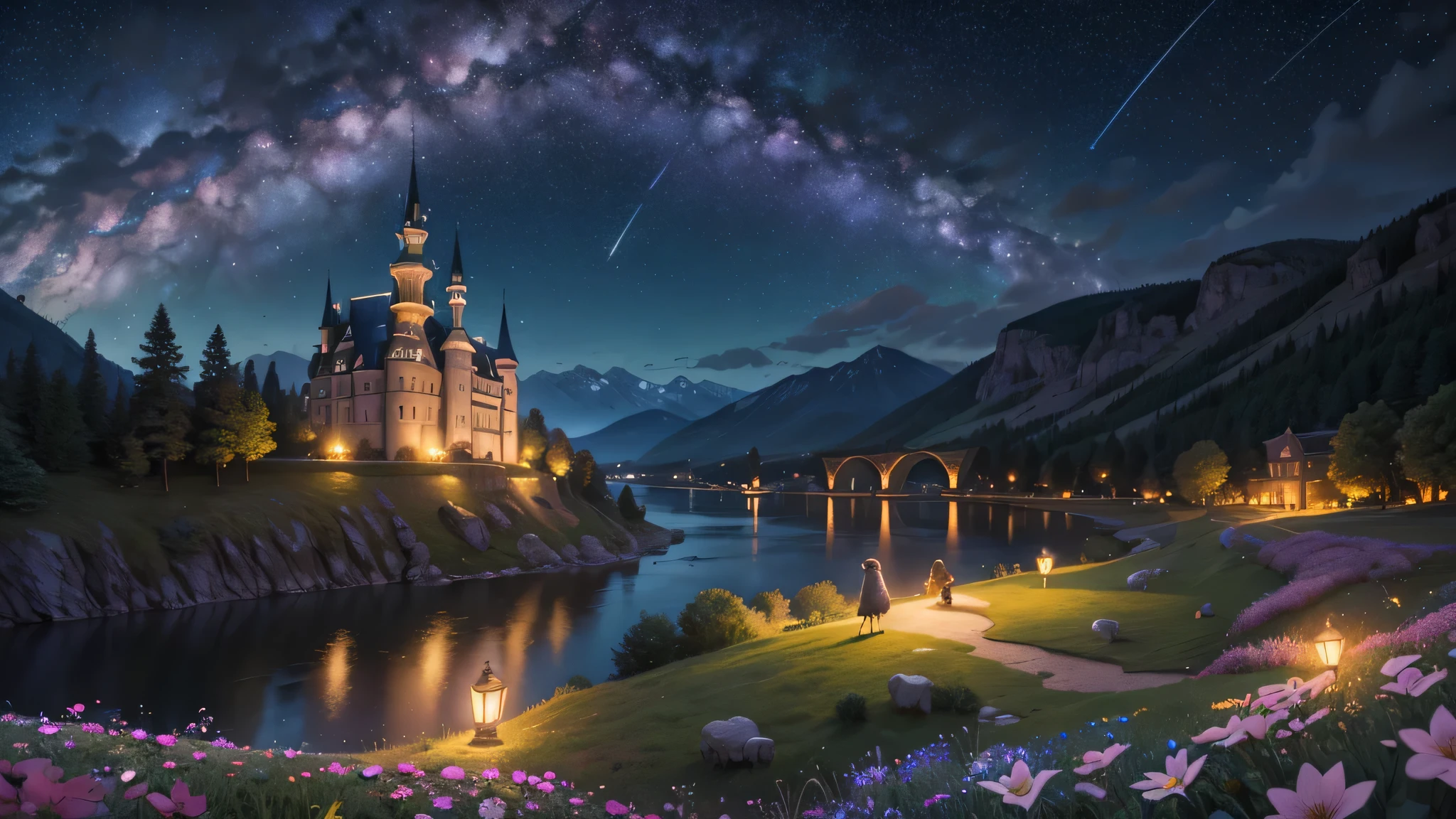 masterpiece, starry sky, Pink sheep,  many stars,, night view, european castle, Colorful fantasy world landscape, river flowing in the background, flowers blooming in the distance, Mountain, mysterious ancient ruins