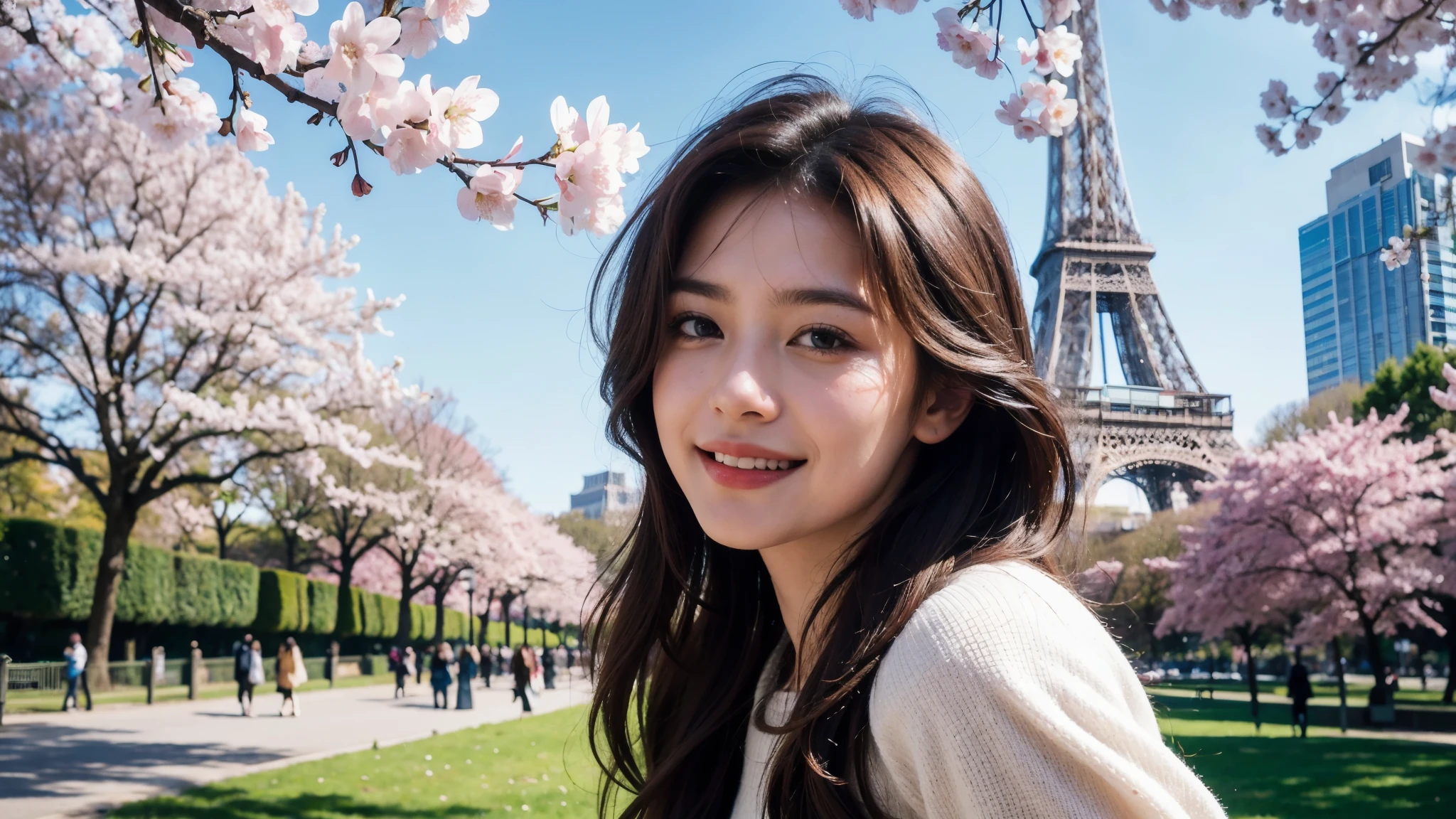 masterpiece, Best Quality, Photorealistic, Ultra-detailed, finely detailed, High resolution, 8K Wallpaper, 1 beautiful woman, light brown hair, sharp focus, Perfect dynamic composition, Beautiful detailed eyes, detailed hairs, Detailed realistic skin texture, Smiling, portrait, Model body type, Take a walk in the park with cherry blossoms and Eiffel Tower background,