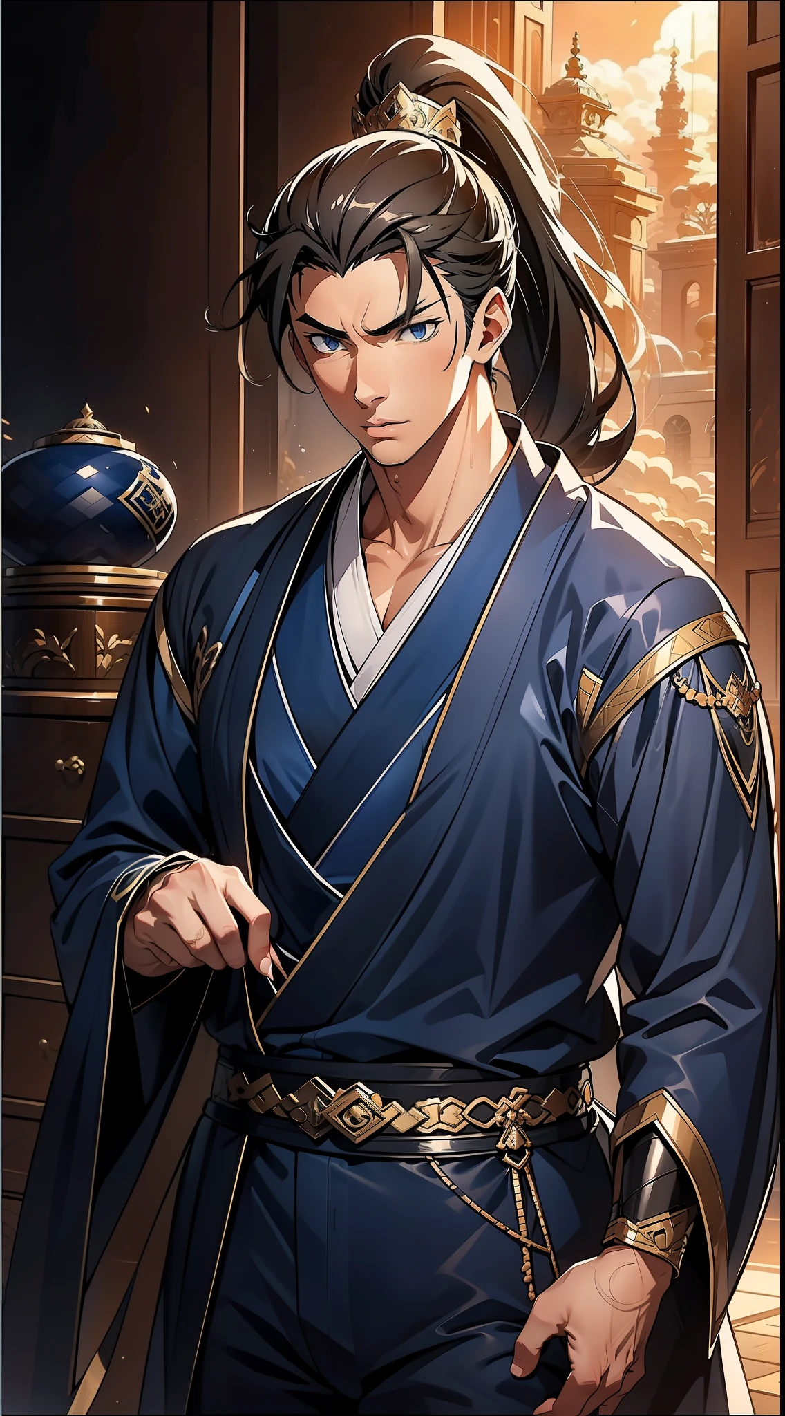 Two dimensions,anime style,one person(male warrior),proportions are correct,facial details,swordsman,high ponytail hairstyle,neck detail,Have an Adam's apple,blue suit,joke,blue robe,clothing details,transfer,long sleeves,Game quality,fencing,Ray tracing,Ray tracing,Detailed glow,CG rendering,hair details,long black hair,blue eyes,Handsome,Handsome,(Youthful feeling),Costumes are complicated,Perfect composition,Refinement,high quality,higher details,many details,Complex background,a sense of atmosphere,