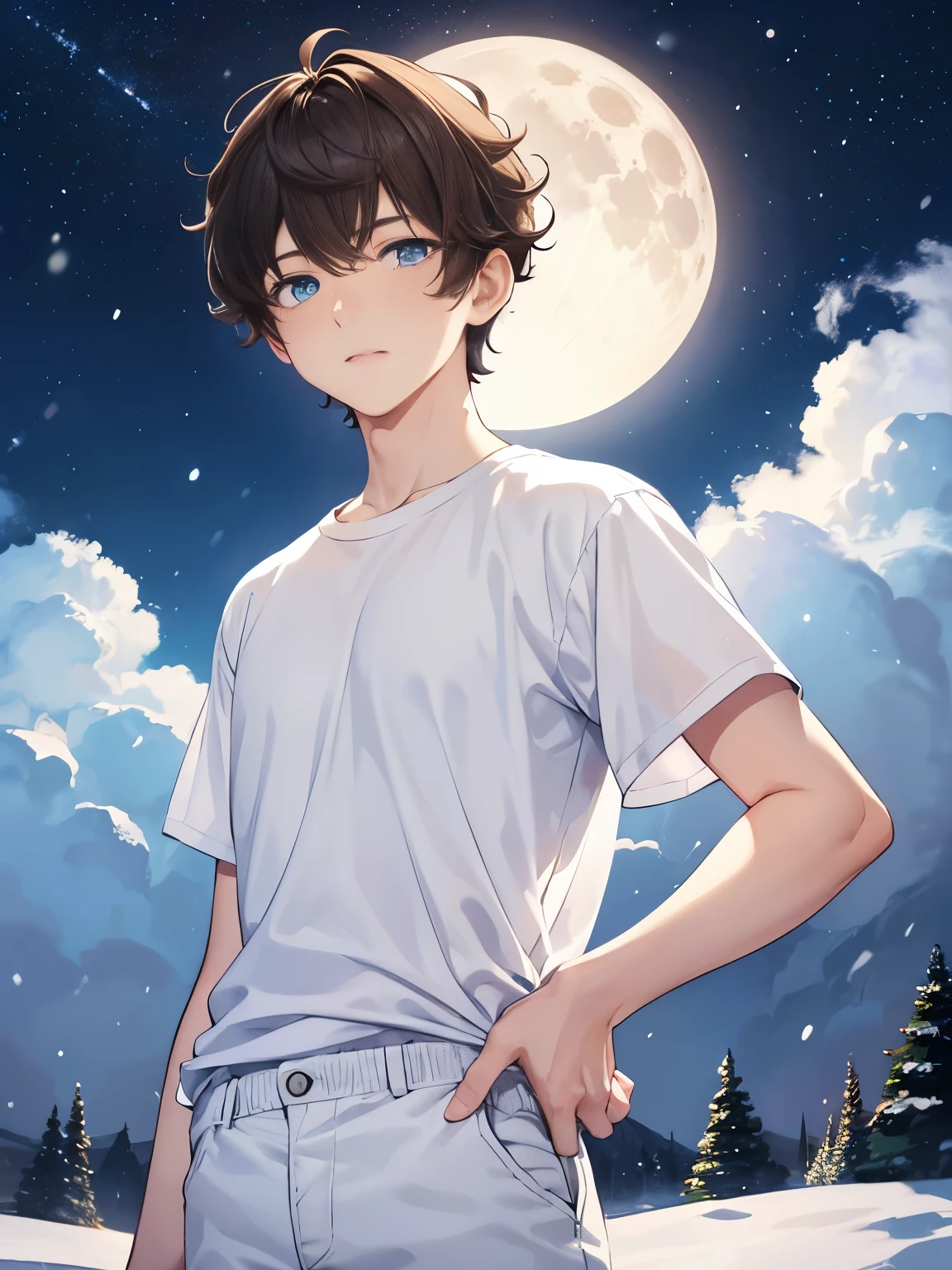 1boy,guy,standing in the north pole,snowing,blue eyes,half body photo,18 years old,Curly hair,medium hair,undercut hairstyle,light brown hair,Plain t-shirt, white t-shirt,white trousers,at Night, beautiful moon,ultra detail,masterpiece