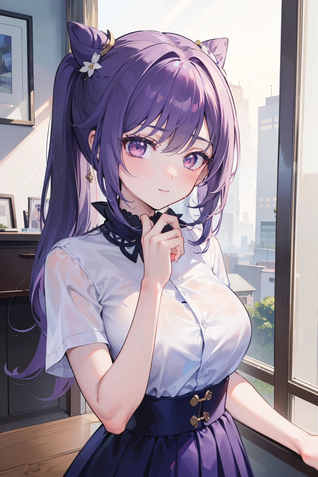 (masterpiece)1 girl, Guest Secretary, Genshin Impact, best quality, expressive eyes, perfect face, upper body size, Smile, blush, Wearing an office shirt and getting wet, indoors, sky, simple background, lie down, watching , 明亮的sky空, watching at viewer, stairs, Moody's Lighting