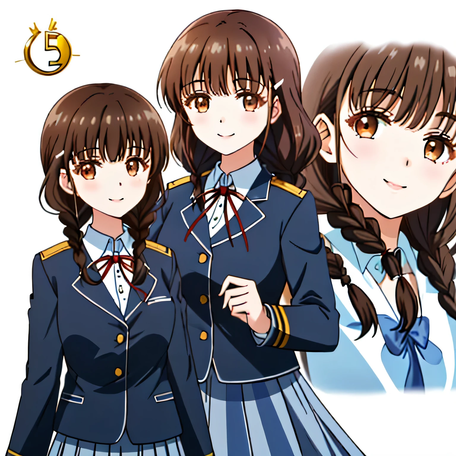 highest quality, (masterpiece:1.2), very detailed, One girl looks at the viewer and smiles, Glossy lips that make you want to kiss, nice smile, brown eyes, (((dark brown hair))), 15 years old, long braids, big shiny hair clip, school uniform, Luxurious black blazer with golden emblem on the left chest, ((big red ribbon on the chest)), very shiny hair、laughter、bright look、Your face and hair shine in the light, The corners of the eyes are drooping, Cute braids, The expression of a maiden in love, (((twin braid hairstyle))), ((((The uniform skirt has a beautiful navy blue checkered pattern..)))), A gentle and cute expression staring at the viewer, double eyelid, ((long eyelashes)), pure white background