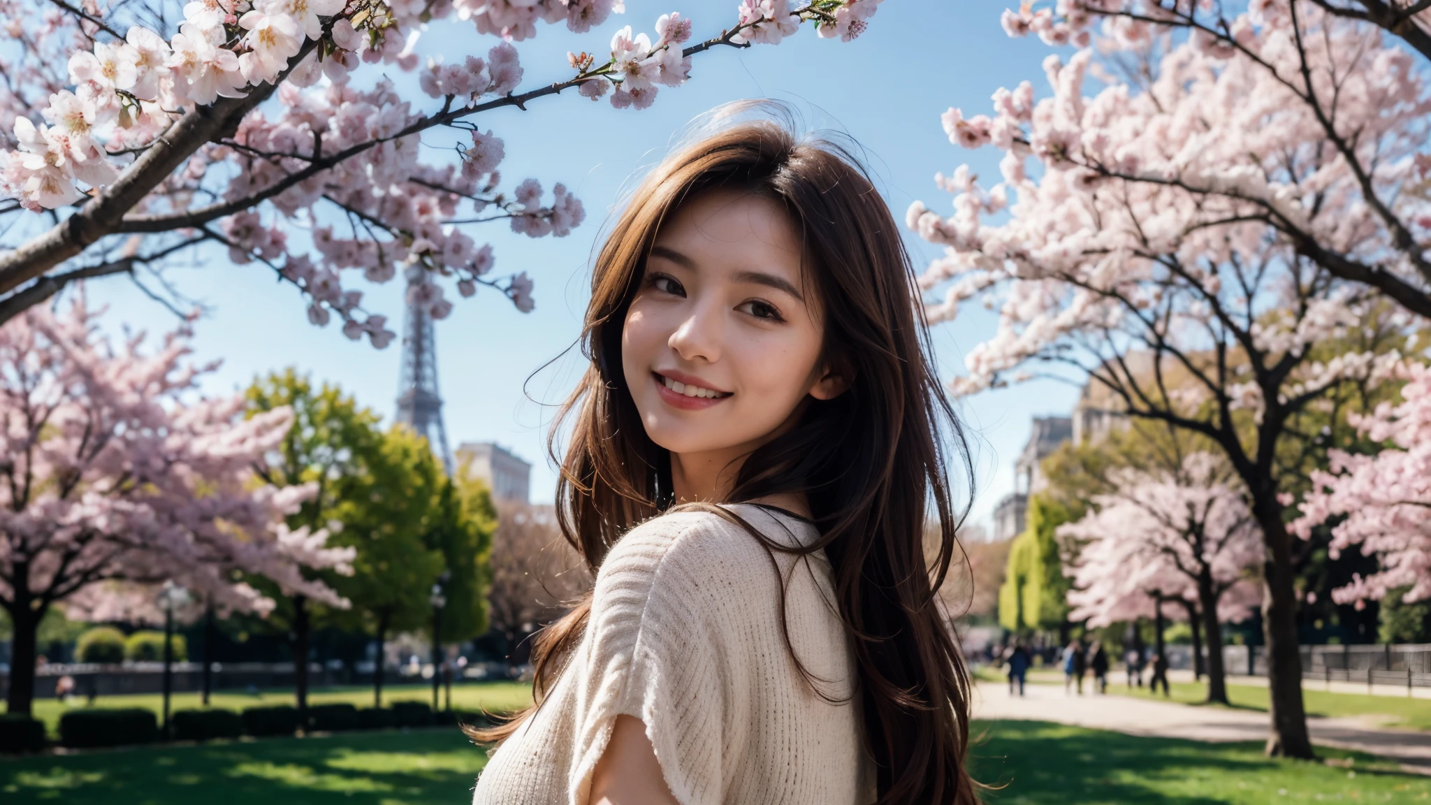 masterpiece, Best Quality, Photorealistic, Ultra-detailed, finely detailed, High resolution, 8K Wallpaper, 1 beautiful woman, light brown hair, sharp focus, Perfect dynamic composition, Beautiful detailed eyes, detailed hairs, Detailed realistic skin texture, Smiling, portrait, Model body type, Take a walk in the park with cherry blossoms and Eiffel Tower background,