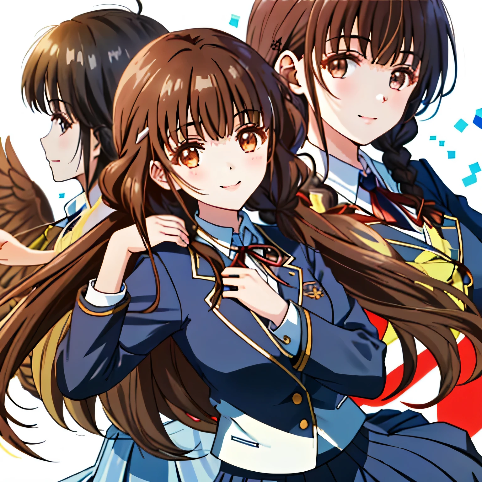 highest quality, (masterpiece:1.2), very detailed, One girl looks at the viewer and smiles, Glossy lips that make you want to kiss, nice smile, brown eyes, (((dark brown hair))), 15 years old, long braids, big shiny hair clip, school uniform, Luxurious black blazer with golden emblem on the left chest, ((big red ribbon on the chest)), very shiny hair、laughter、bright look、Your face and hair shine in the light, The corners of the eyes are drooping, Cute braids, The expression of a maiden in love, (((twin braid hairstyle))), ((((The uniform skirt has a beautiful navy blue checkered pattern..)))), A gentle and cute expression staring at the viewer, double eyelid, ((long eyelashes)), pure white background