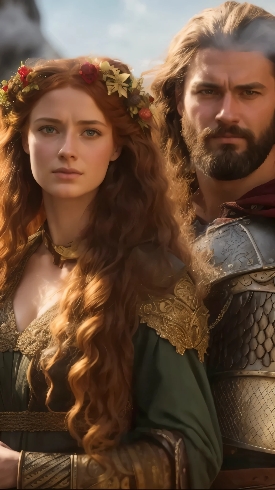 arafed woman with long red hair and a bearded man in armor, shallan davar, pre - raphaelites style, tuomas korpi and wlop, magali villeneuve and monet, still from a fantasy movie, as a medieval fantasy character, inspired by Edmund Leighton, miranda otto as eowyn, inspired by Frederick Lord Leighton