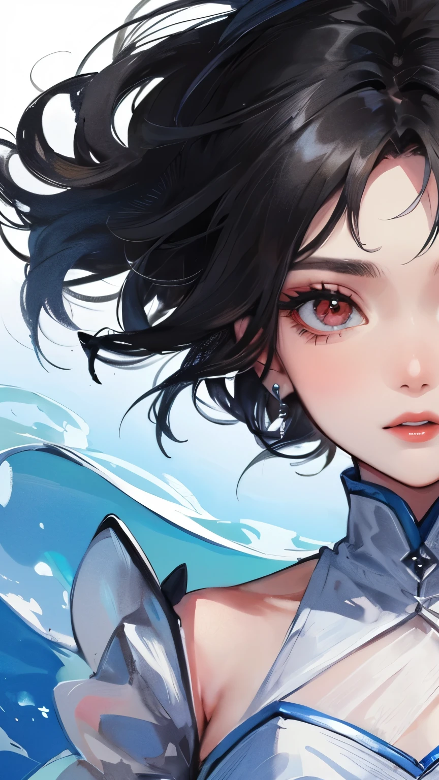 young girl　black hair　short hair　red eyes　irreverent face　look down　thin body　thin thighs　small breasts　small ass　toned body　blue sky　cloud　hair blowing in the wind　high quality　High resolution　8K　vampire　watercolor　natural feel　bridge of nose　martial arts　((最high quality)), ((masterpiece)), (become familiar with), dignified face　See-through　grassland　close up of face　Beautiful as a goddess　whole face　Nipples are visible　lipstick　eye shadow　nose piercing