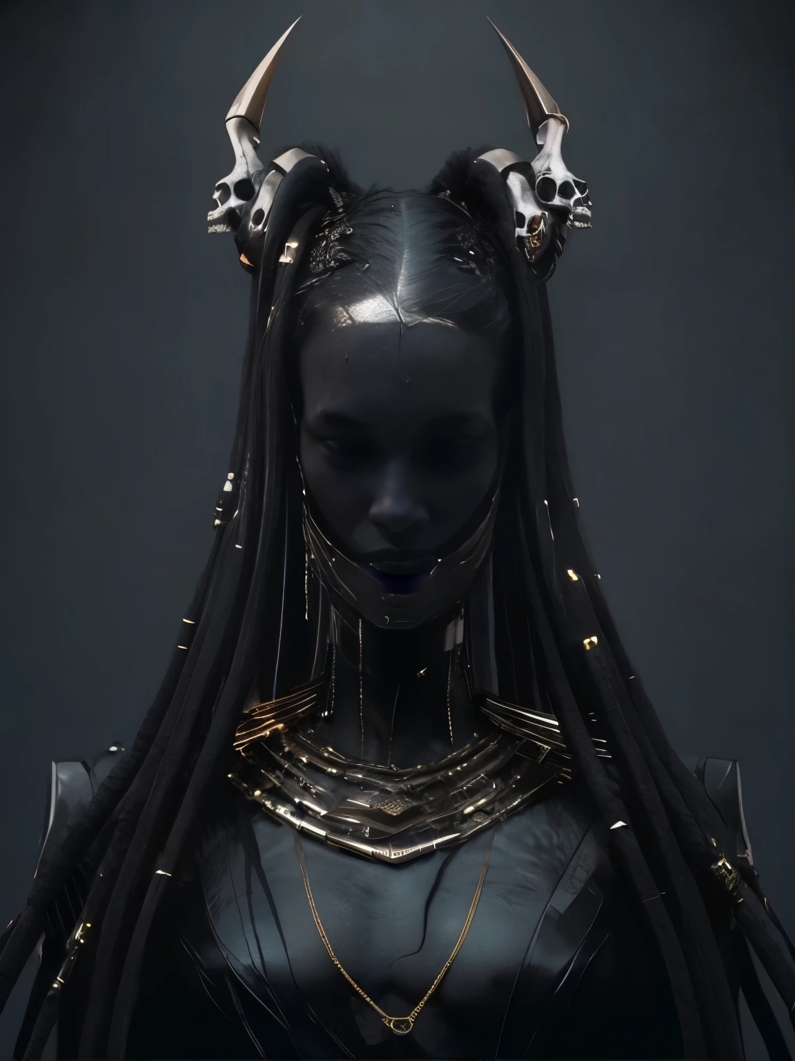 a close up of a woman with horns and a skull headpiece, cinematic goddess close shot, portrait of a dark goddess, dark goddess with six arms, dark futuristic, dark fantasy character design, trending in cgsociety, unreal engine render + a goddess, award winning concept artist, hyperdetailed fantasy character, hyper - goth, trending on cgsociety, cyberpunk medusa