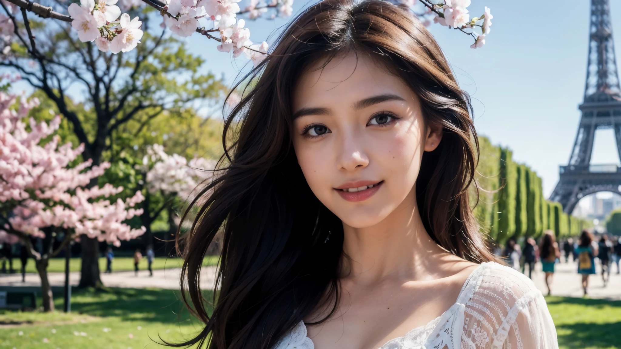 masterpiece, Best Quality, Photorealistic, Ultra-detailed, finely detailed, High resolution, 8K Wallpaper, 1 beautiful woman, light brown hair, sharp focus, Perfect dynamic composition, Beautiful detailed eyes, detailed hairs, Detailed realistic skin texture, Smiling, portrait, Model body type, Take a walk in the park with cherry blossoms and Eiffel Tower background,