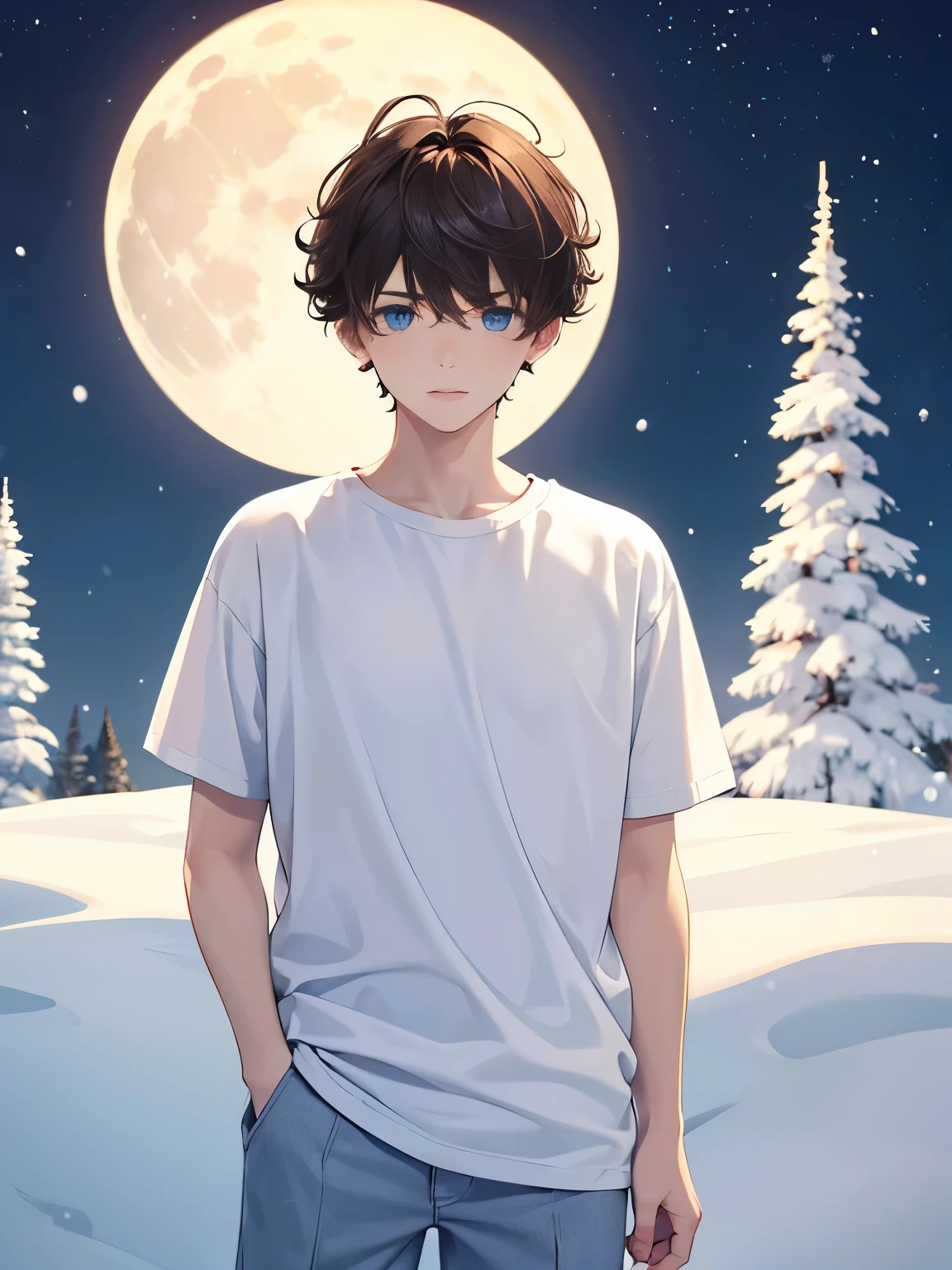 1boy,guy,standing in the north pole,snowing,blue eyes,half body photo,18 years old,Curly hair,medium hair,undercut hairstyle,light brown hair,Plain t-shirt, white t-shirt,white trousers,at Night, beautiful moon,ultra detail,masterpiece