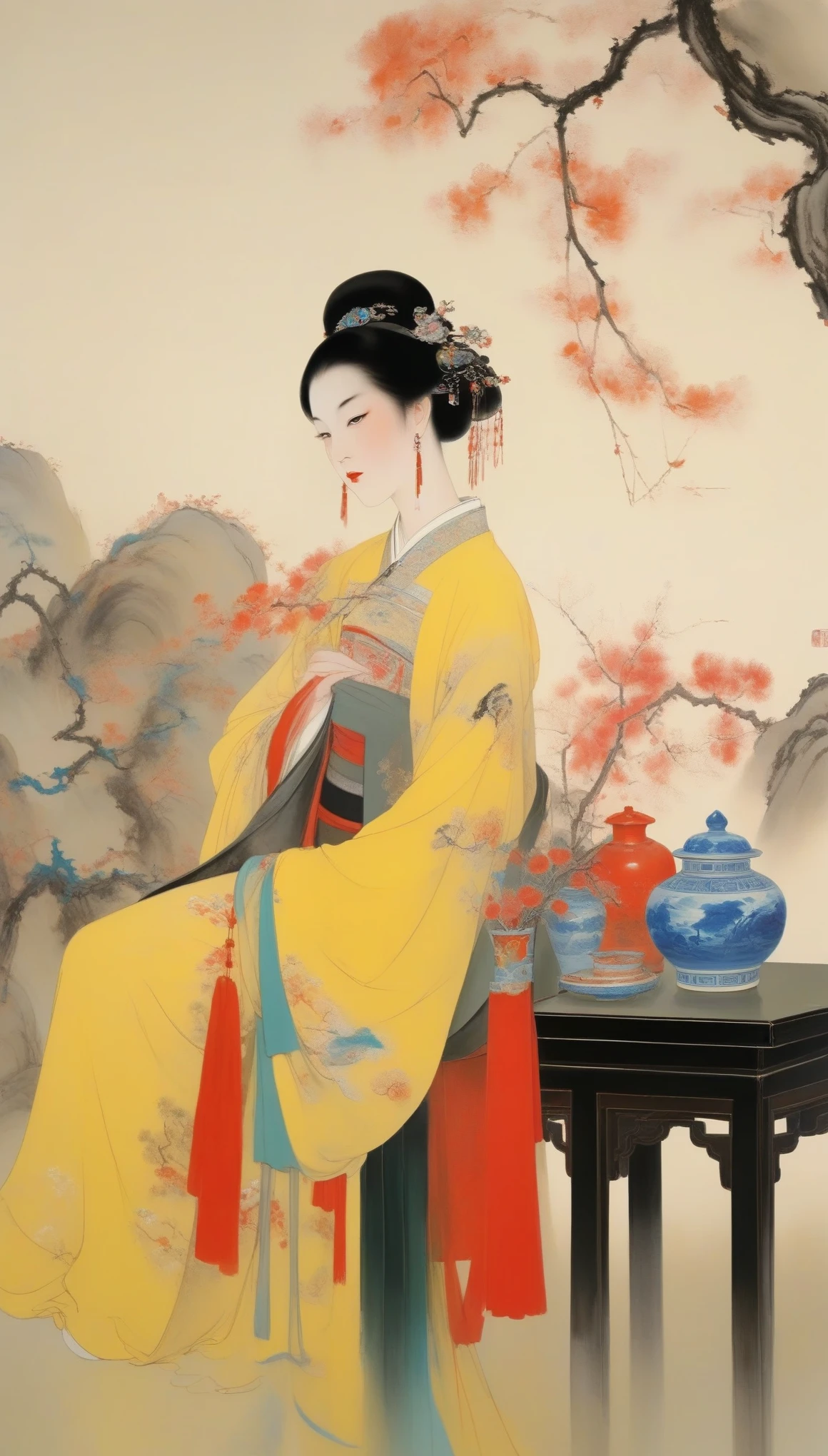 Wu Guanzhong，（Concubine Yang Guifei of Tang Dynasty was drunk in China：1.3），Wu Guanzhong兼取中西，Long-term engagement in the nationalization practice of oil painting，His oil paintings are fresh、Bright，Full of national characteristics and lyrical meaning。Later he engaged in innovating ink painting，His paintings are somewhere between figuration and abstraction，Points to note、The rhythm of blending lines and ink blocks，With strong artistic personality and modern flavor。