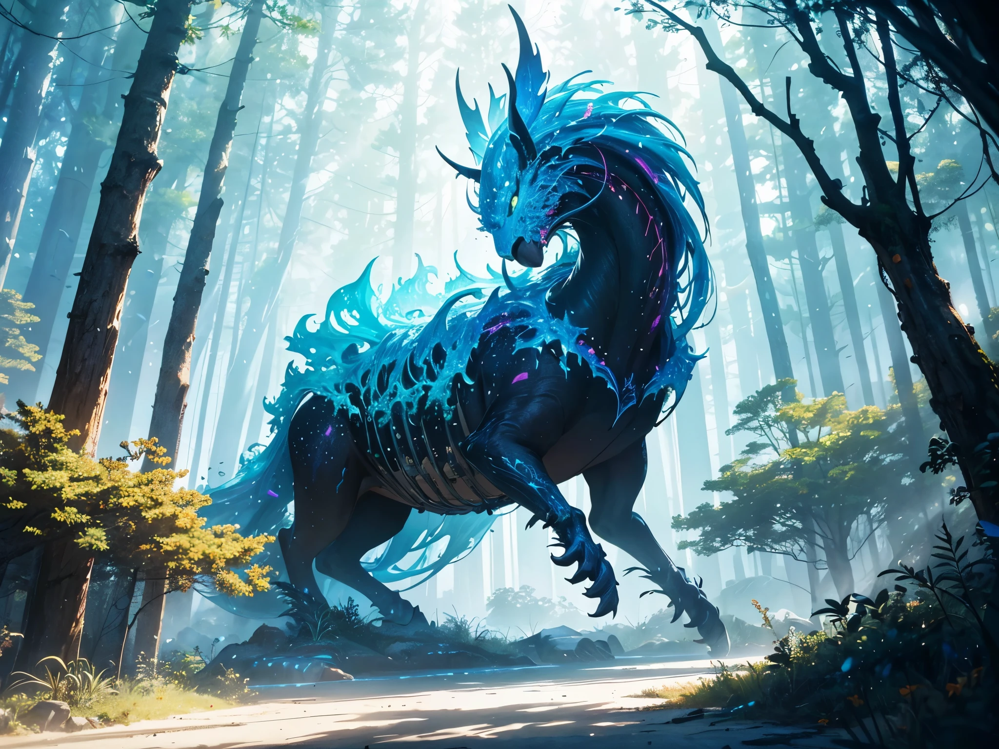Beautiful animated creatures, forest backgrou)), Epic Instagram, art stations, Drops of abstract paint, splash style of color paint, contours, Super detailed complex detailed , vivd colour, unreal-engine, dream-like, Complicated details, splash image, complementary colours, Fantasy concept
