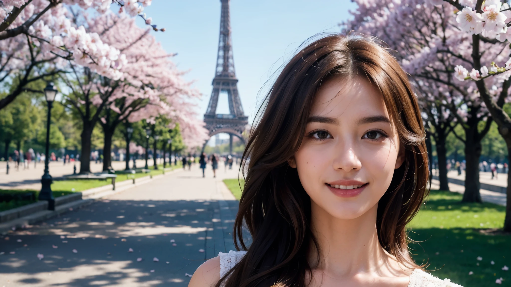 masterpiece, Best Quality, Photorealistic, Ultra-detailed, finely detailed, High resolution, 8K Wallpaper, 1 beautiful woman, light brown hair, sharp focus, Perfect dynamic composition, Beautiful detailed eyes, detailed hairs, Detailed realistic skin texture, Smiling, portrait, Model body type, Take a walk in the park with cherry blossoms and Eiffel Tower background,