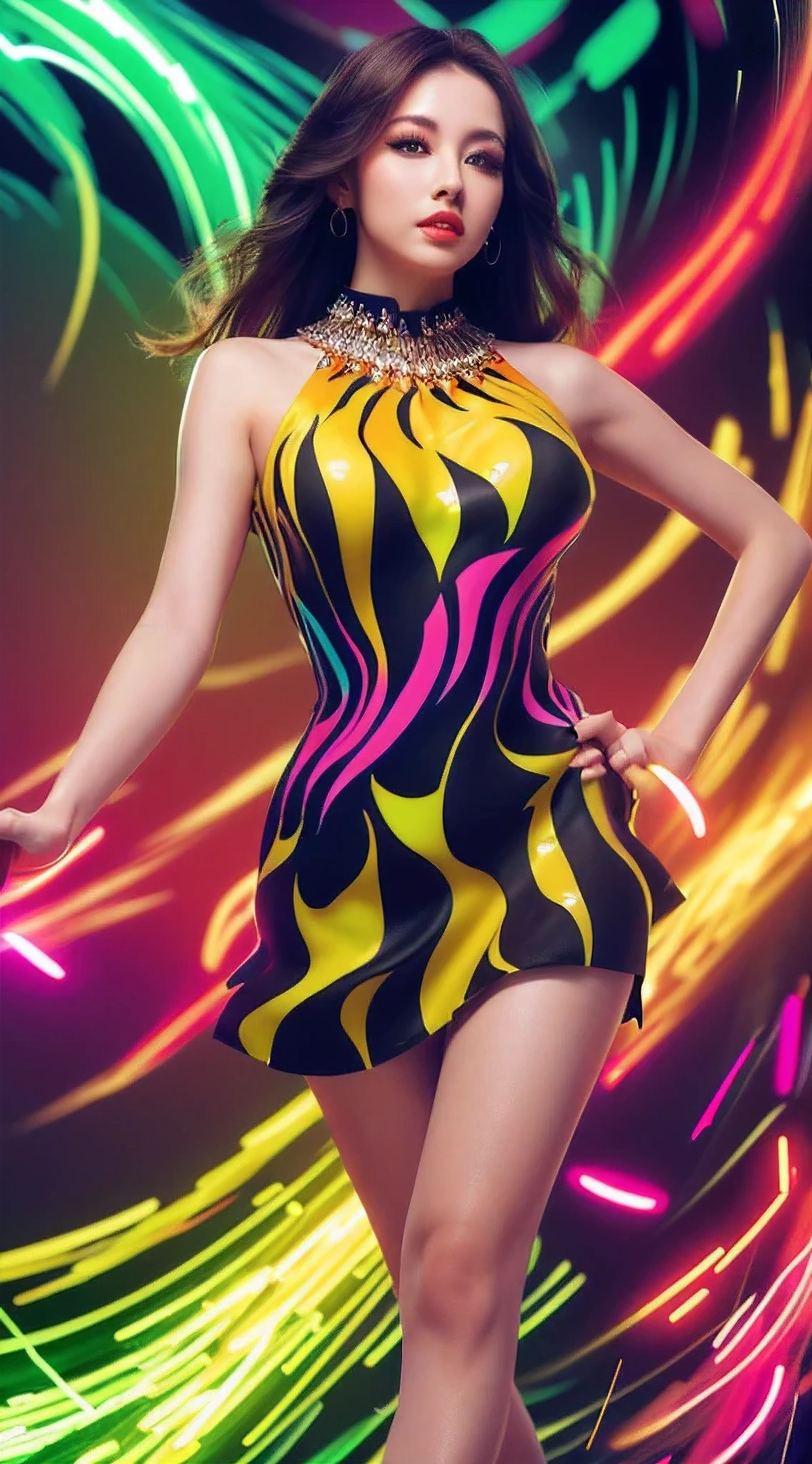 (masutepiece, of the highest quality, Best Quality, Official art, Beautiful and aesthetic:1.2), (1girl in:1.3), Extremely detailed,(Fractal Art:1.2),Colorful,highest details,( Zentangle Neon:1.2), (Dynamic Pose), (Abstract background neon:1.5), (Congressional Dresses:1.2), (Shiny skin), (Many colors:1.4), half body , medium breast, neons,16 K,Full-HD