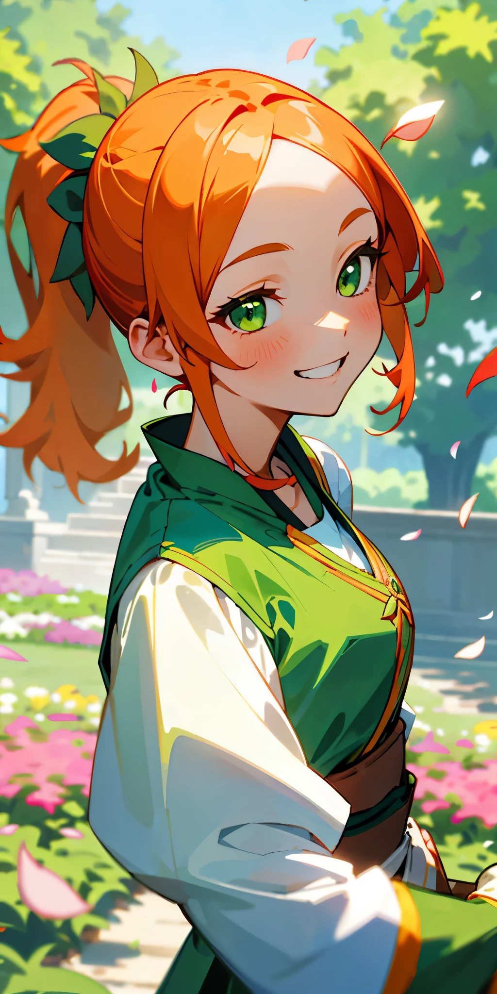 １girl、orange hair、shining green eyes、side ponytail、green peasant tunic、upper body close-up、The scenery in the background is a garden with dancing petals.、grin、From the side、painterly、sharp outline