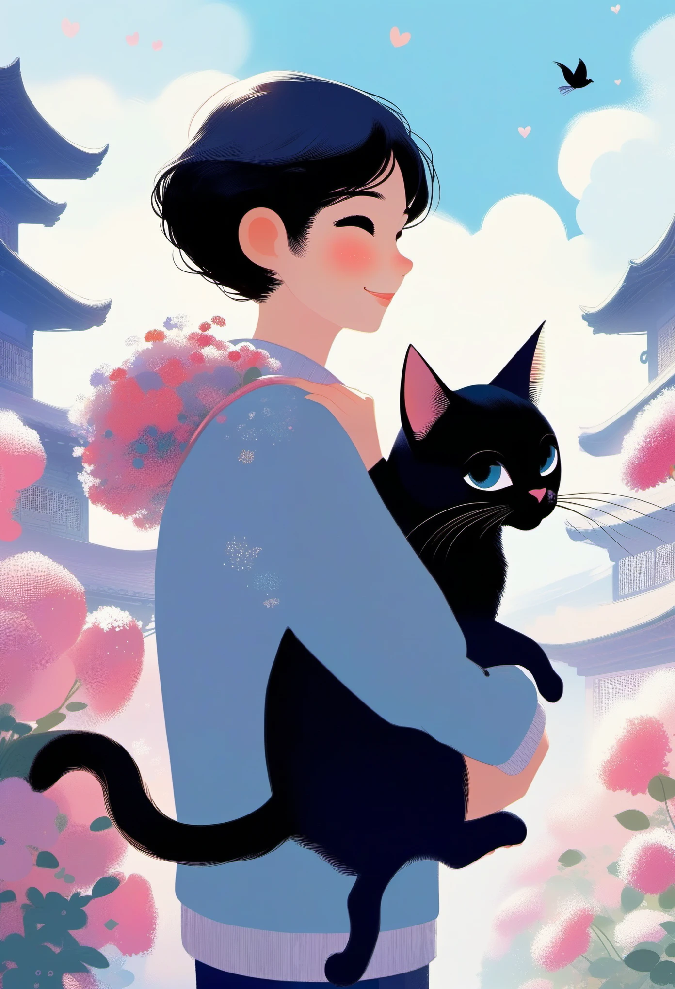 A happy and healing childhood,flowers,Beautiful artistic illustration, Inspired by Pascal Campion, fantasy illustration, Beautiful digital illustrations, Inspired by Zheng Xiaorong, Beautiful digital illustration, Illustrated in a whimsical style, author:Tatsushima Yuko,Close-up of man carrying cat on shoulders, holding a cat, very beautiful cute catwoman, she is holding a cat in her arms, There is a cat next to her, catwoman, cute illustration, author:Tatsushima Yuko, Big cheek hugging her cat, author:Zhongyuan Nantianfang, cute anime catwoman