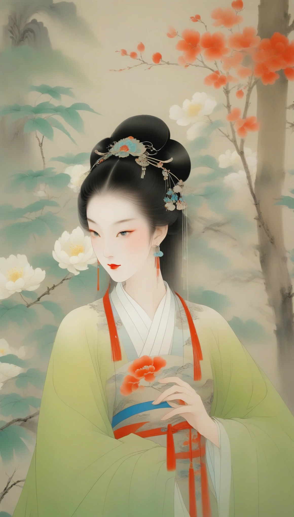 Wu Guanzhong,(Concubine Yang Guifei of Tang Dynasty was drunk in China),Yang Guifei is described as having exquisite and delicate facial features,(Plump and well-proportioned body:0.65)。Her face is delicate,Have long, curved eyebrows,Resembling spring willow leaves,Eyes are big and full of energy,Eye corners raised slightly,The bridge of the nose is high and delicate,The small and rosy cherry mouth adds a lot of charm to her,Ears full and white,Hair is black and shiny,Highlights her fair skin。Height about 1.65 meters,Good figure,The body is graceful,Clothing becomes more and more gorgeous。The characteristic of women's clothing in the Tang Dynasty was skirts、shirt、The unity of Pei,An image of bare chest and arms appeared,high bun、Exposed breasts、Red silk draped over shoulders,上着窄袖短shirt,Wearing a green floor-length skirt,The image of a Tang Dynasty woman with a red belt hanging from her waist。Wu Guanzhong兼取中西,His oil paintings are fresh、Bright,Full of national characteristics and lyrical meaning。Later he engaged in innovating ink painting,His paintings are somewhere between figuration and abstraction,Points to note、The rhythm of blending lines and ink blocks,With strong artistic personality and modern flavor。