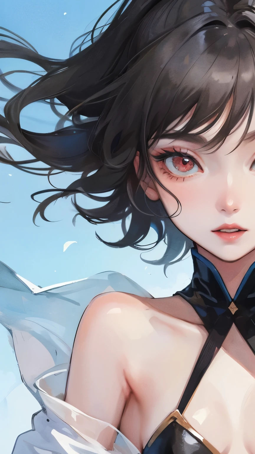 young girl black hair short hair red eyes irreverent face look down thin body thin thighs small breasts small ass toned body blue sky cloud hair blowing in the wind high quality High resolution 8K vampire watercolor natural feel freckleartial arts ((最high quality)), ((masterpiece)), (become familiar with), dignified face red light district kimono grassland