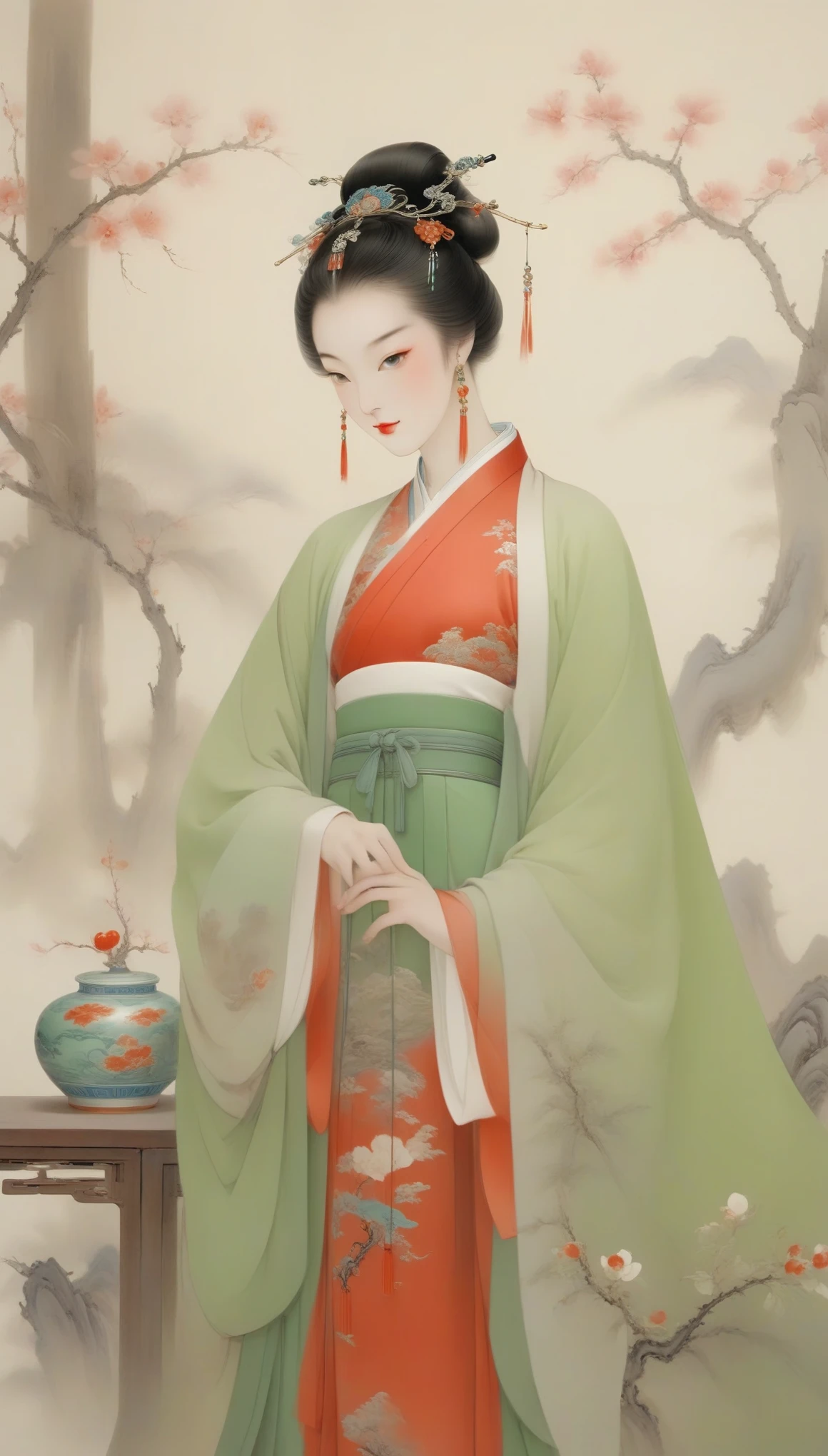 Wu Guanzhong,(Concubine Yang Guifei of Tang Dynasty in China is drinking:0.85),Chinese Tang Dynasty costumes,Yang Guifei is described as having exquisite facial features and a plump and well-proportioned body.。Her face is delicate,Have long, curved eyebrows,Resembling spring willow leaves,Eyes are big and full of energy,Eye corners raised slightly,The bridge of the nose is high and delicate,The small and rosy cherry mouth adds a lot of charm to her,Ears full and white,Hair is black and shiny,Highlights her fair skin,Good figure,The characteristic of women's clothing in the Tang Dynasty was skirts、shirt、The unity of Pei,An image of bare chest and arms appeared,high bun、Exposed breasts、Red silk draped over shoulders,上着窄袖短shirt,Wearing a green floor-length skirt,The image of a Tang Dynasty woman with a red belt hanging from her waist。Wu Guanzhong兼取中西,His oil paintings are fresh、Bright,Full of national characteristics and lyrical meaning。Later he engaged in innovating ink painting,His paintings are somewhere between figuration and abstraction,Points to note、The rhythm of blending lines and ink blocks,With strong artistic personality and modern flavor。