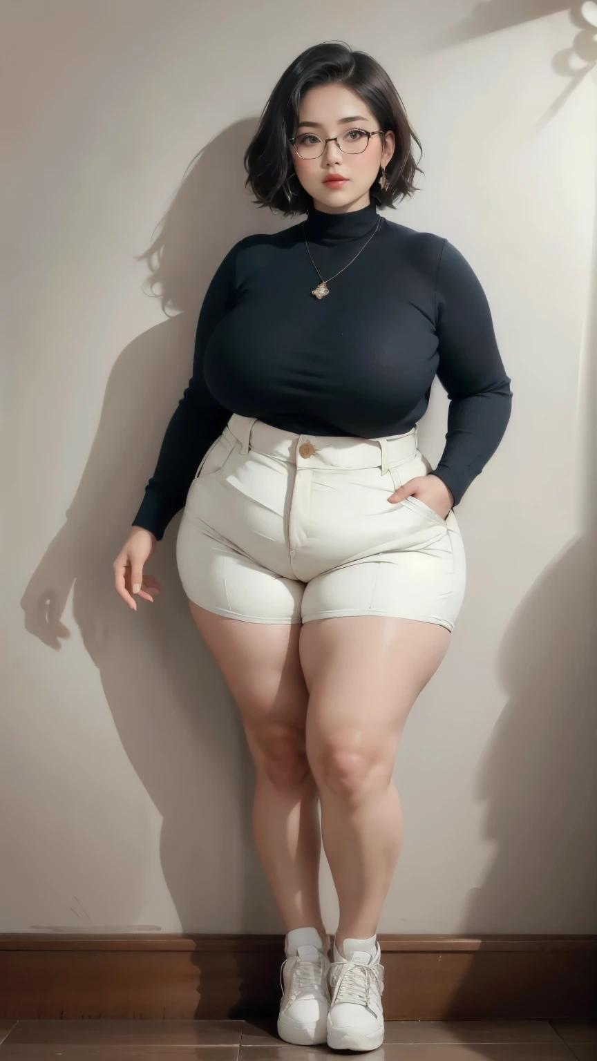 ((best quality)), ((masterpiece)), (detailed), perfect face, Beautiful, mother-in-law, asian-Indonesian , voluptuous, wearing random clothes (formal), In the black room, seductive expression, chubby body, nice body, milf chubby, chinese-Indonesian. Full body, big arm, wide hips , wearing a sneakers, bob hairstyle, baby face , chubby cheeks, 35 year old, chubby tall woman, tattooed thighs , yakuza tattoos , big thighs, big armpits , chubby massive cheeks , thick neck, cold atmosphere, low light, wavy short haired, big breasts, showing her armpits , thick woman , turtleneck, thick woman . Full body, wearing shorts pants , glasses