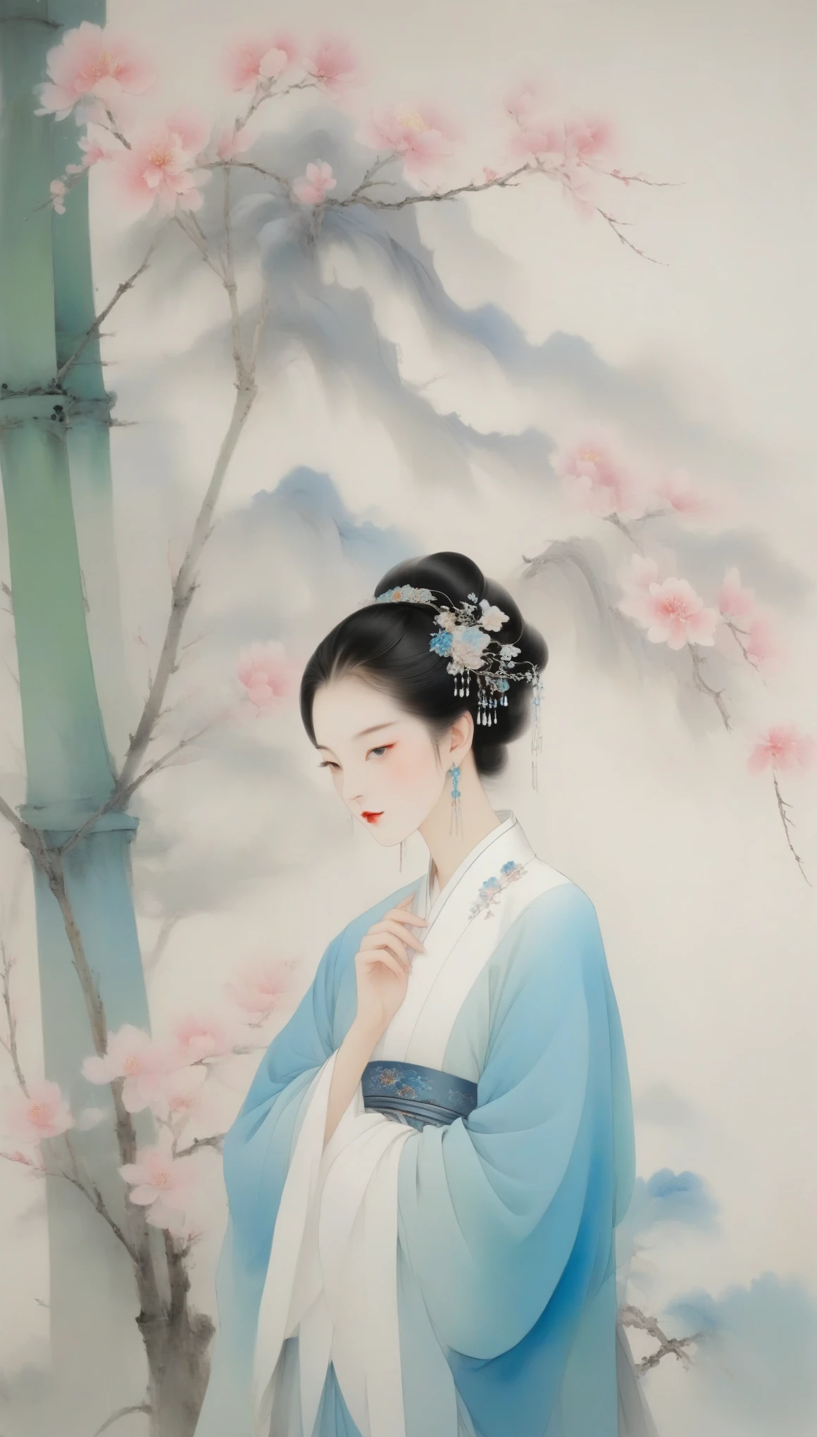 Wu Guanzhong,(中国春秋时期的美女Xi Tzu正在河边浣纱:0.13),Xi Tzu,Her figure is slim and graceful,Especially the waist is slender and soft,It gives a gentle and gentle feeling,Skin as white as snow,Exquisite facial features,Especially the eyes are bright and full of energy。Her face shape is usually oval,Liu Yemei,double eyelids,Deep-dressed robes popular among aristocrats during the Spring and Autumn Period,The first characteristic of deep clothing is that the top and bottom are connected;wide style,"Wide belt" is comfortable to wear,Long and does not mop the floor,The hem does not slit,Wearable with elbow flexion,Sleeve length and arm length are equal,Girdle your waist with a wide band,The nobles of the Central Plains liked to wear it when they had banquets..
Wu Guanzhong兼取中西,His oil paintings are fresh、Bright,Full of national characteristics and lyrical meaning。Later he engaged in innovating ink painting,His paintings are somewhere between figuration and abstraction,Points to note、The rhythm of blending lines and ink blocks,With strong artistic personality and modern flavor。