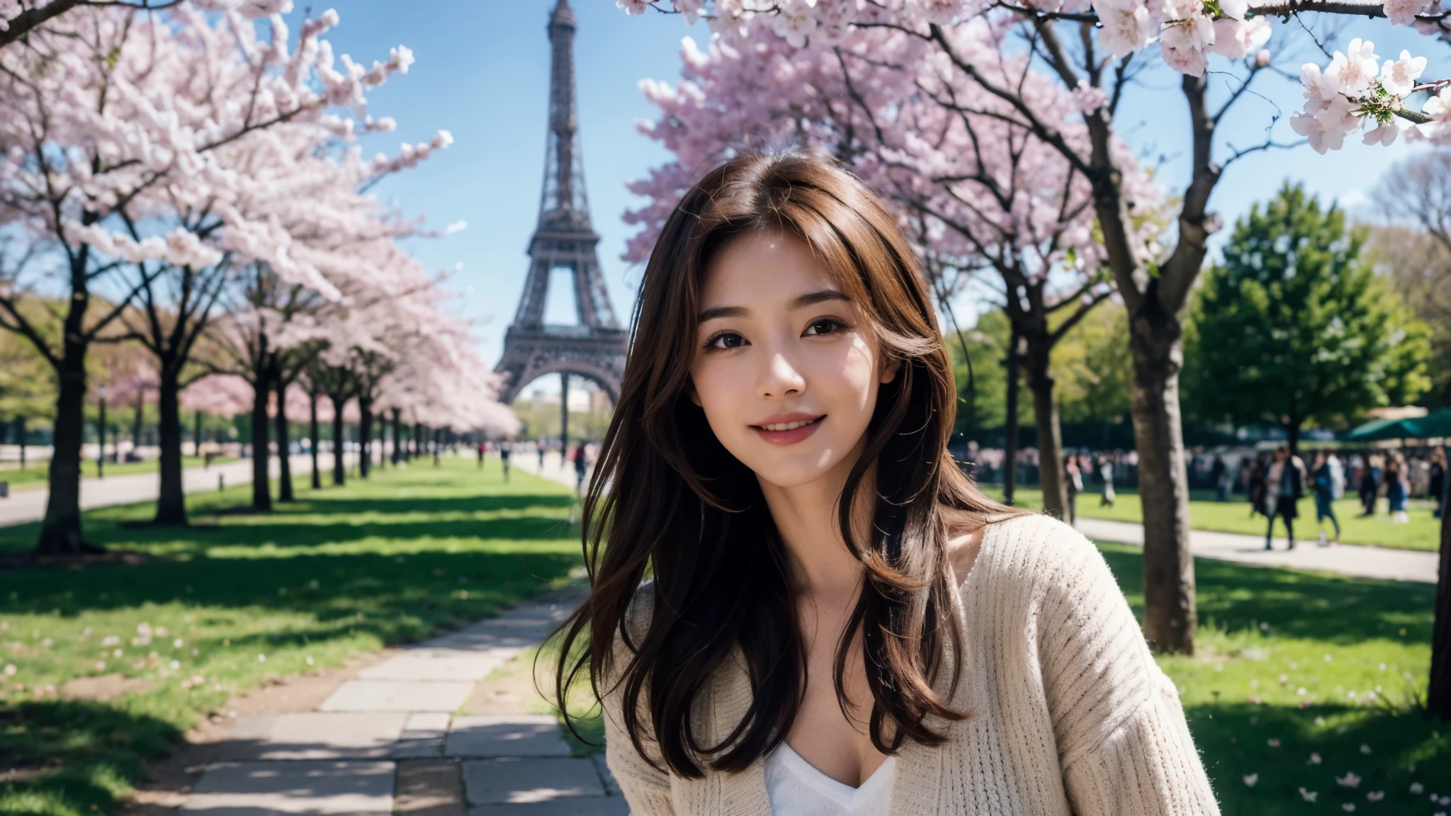 masterpiece, Best Quality, Photorealistic, Ultra-detailed, finely detailed, High resolution, 8K Wallpaper, 1 beautiful woman, light brown hair, sharp focus, Perfect dynamic composition, Beautiful detailed eyes, detailed hairs, Detailed realistic skin texture, Smiling, portrait, Model body type, Take a walk in the park with cherry blossoms and Eiffel Tower background,