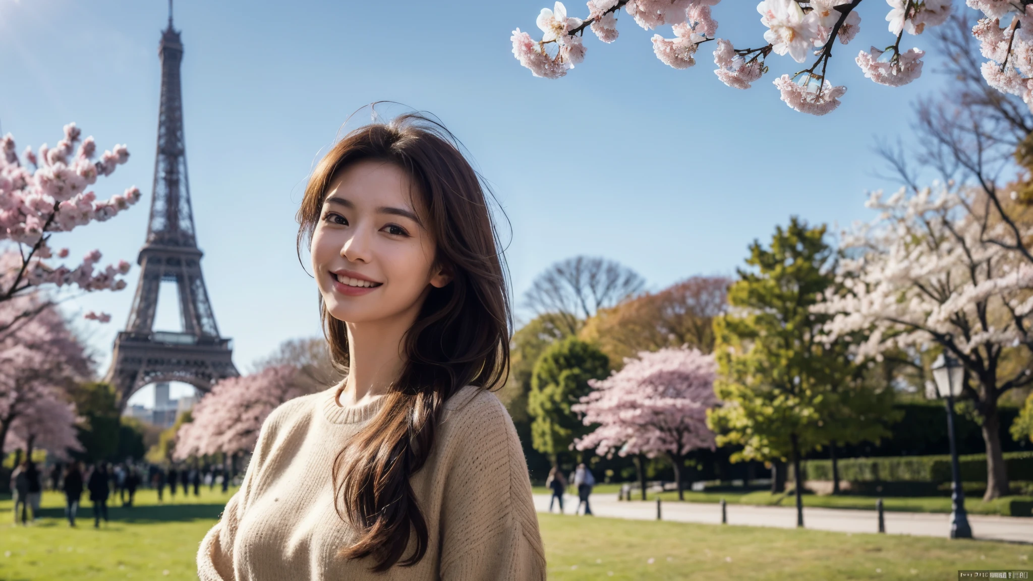 masterpiece, Best Quality, Photorealistic, Ultra-detailed, finely detailed, High resolution, 8K Wallpaper, 1 beautiful woman, light brown hair, sharp focus, Perfect dynamic composition, Beautiful detailed eyes, detailed hairs, Detailed realistic skin texture, Smiling, portrait, Model body type, Take a walk in the park with cherry blossoms and Eiffel Tower background,