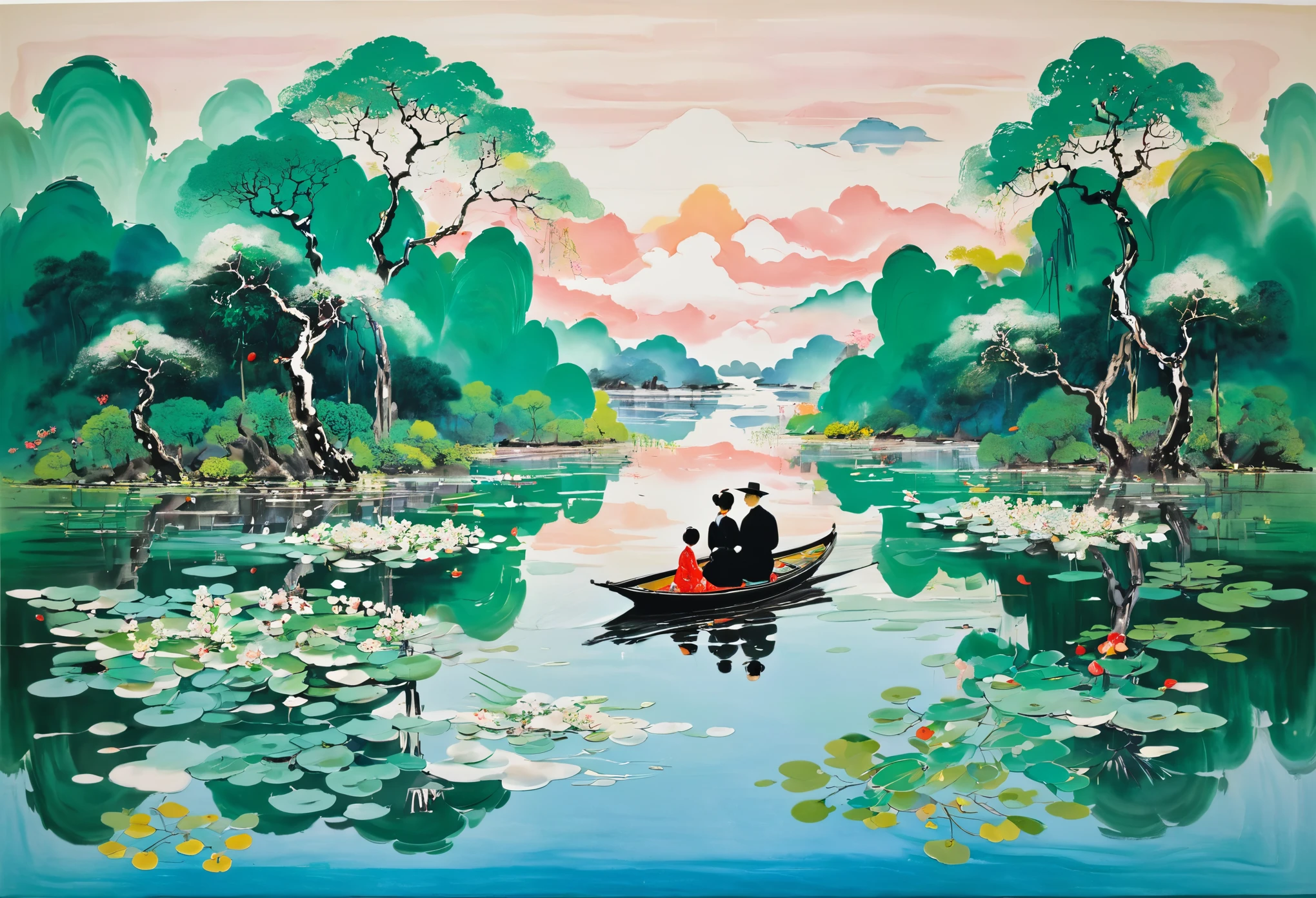 A loving couple rendered in the Symmetrical style of Wu Guanzhong, with the flowing brushstrokes mirroring the harmony between their forms and the serenity in their gazes.