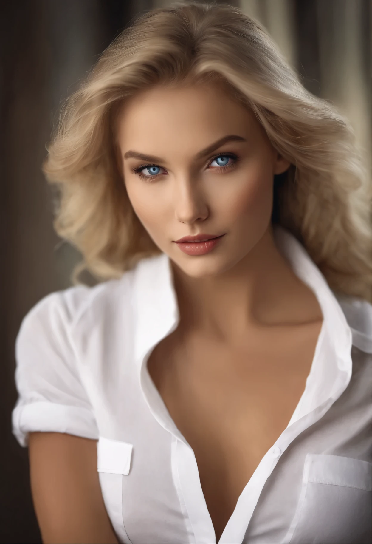 Photorealistic beautiful and cute girl, blue eyes and Blonde hair. Beautiful cheekbones, voluminous natural lips, medium sized eyes. hair long to the waist. The girl looks into the camera, the body is visible up to the waist, dressed in a white shirt, the shirt is unbuttoned, a little visible chest, breast 2-3 size, with a watch on her hand, has a red manicure. The look is penetrating, as if she sees you.
