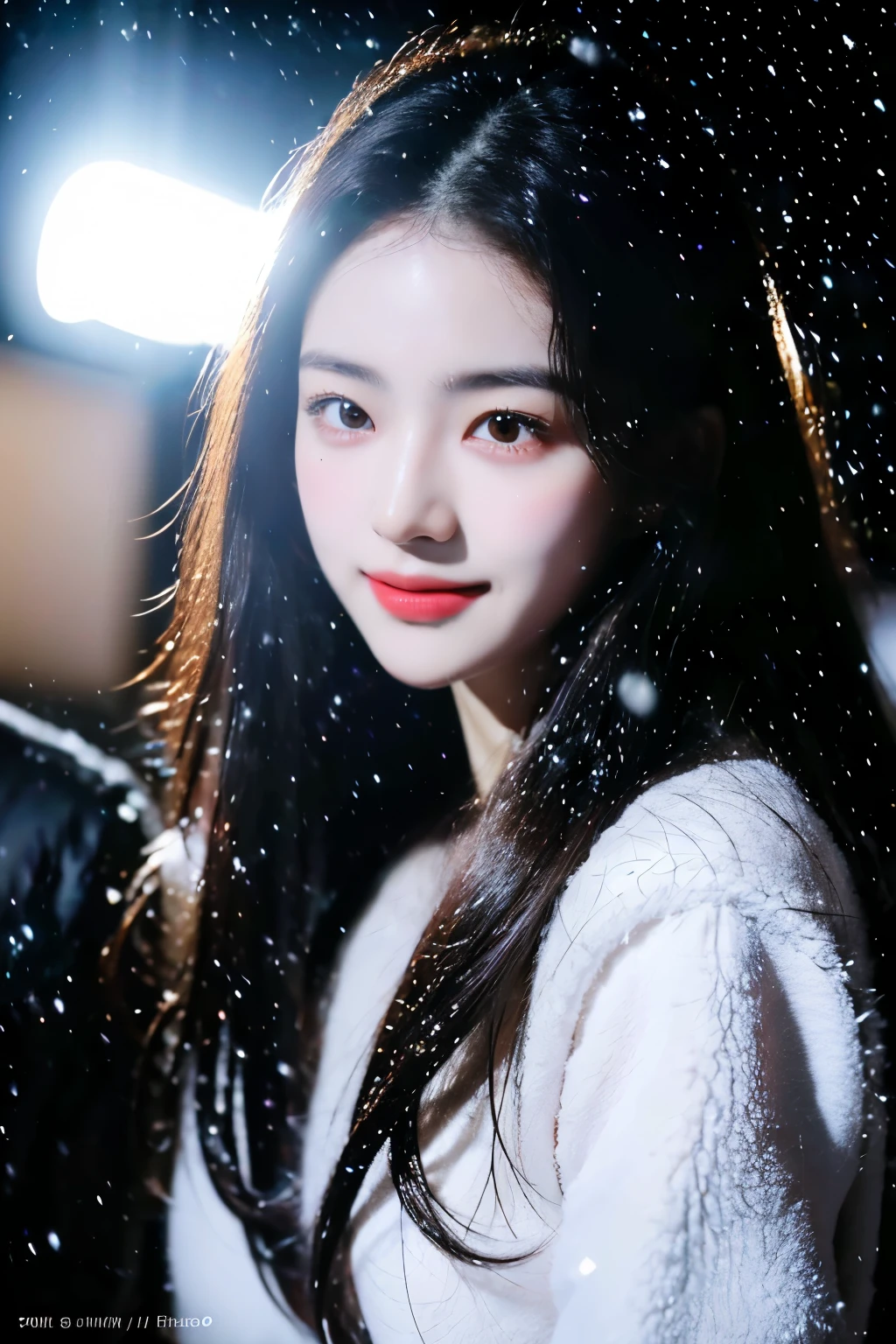 (masterpiece 、best quality 、HDR Ultra HD 、professional)、(original photography、top quality)、((nostalgia、Cier in the 1980s))、(An artistic girl:1.2)、(realistic、Realism:1.3)、Woman in the snow,extremely delicate and beautiful、amazing、fine details、 masterpiece, Super detailed, high resolution, best illustrations, Best shadows,complex,(depth of field:1.1)、 Girl in the snow,(long legs:1.4),hair length,messy hair,(((low profile,dark scene,dark)))),grease,(((soft light lighting:1.4))),(Pale complexion:1.4),(smile shyly),(angle),sharp focus, volumetric fog, 8K Ultra HD, digital monocular, high quality,(film particles:1.4), Fuji XT3,(look at the audience)