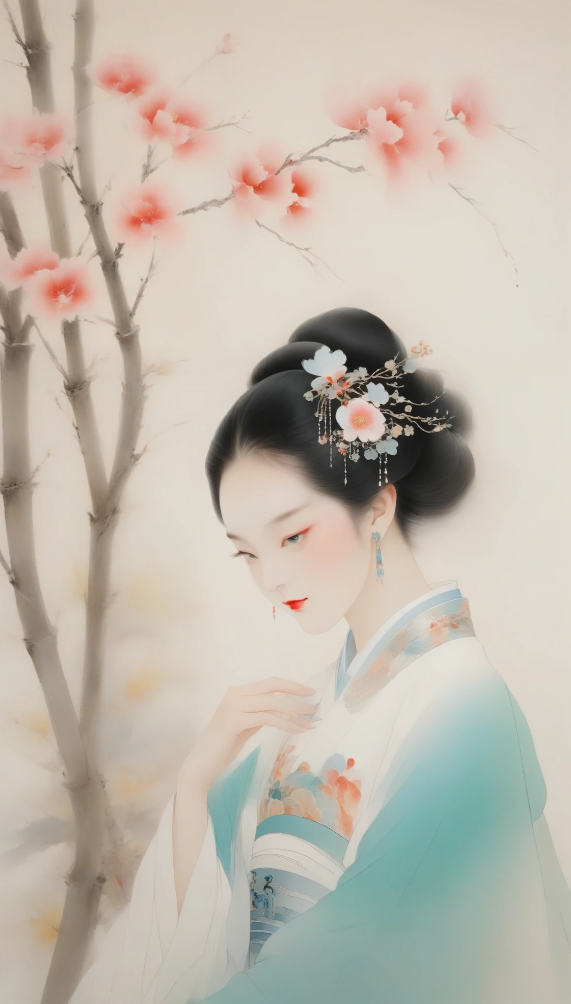 Wu Guanzhong，（中国春秋时期的美女Xi Tzu正在河边浣纱：0.13），Xi Tzu，Her figure is slim and graceful，Especially the waist is slender and soft，It gives a gentle and gentle feeling，Skin as white as snow，Exquisite facial features，Especially the eyes are bright and full of energy。Her face shape is usually oval，Liu Yemei，double eyelids，Deep-dressed robes popular among aristocrats during the Spring and Autumn Period，The first characteristic of deep clothing is that the top and bottom are connected；wide style，&quot;Wide belt&quot; is comfortable to wear，Long and does not mop the floor，The hem does not slit，Wearable with elbow flexion，Sleeve length and arm length are equal，Girdle your waist with a wide band，The nobles of the Central Plains liked to wear it when they had banquets..
Wu Guanzhong兼取中西，His oil paintings are fresh、Bright，Full of national characteristics and lyrical meaning。Later he engaged in innovating ink painting，His paintings are somewhere between figuration and abstraction，Points to note、The rhythm of blending lines and ink blocks，With strong artistic personality and modern flavor。