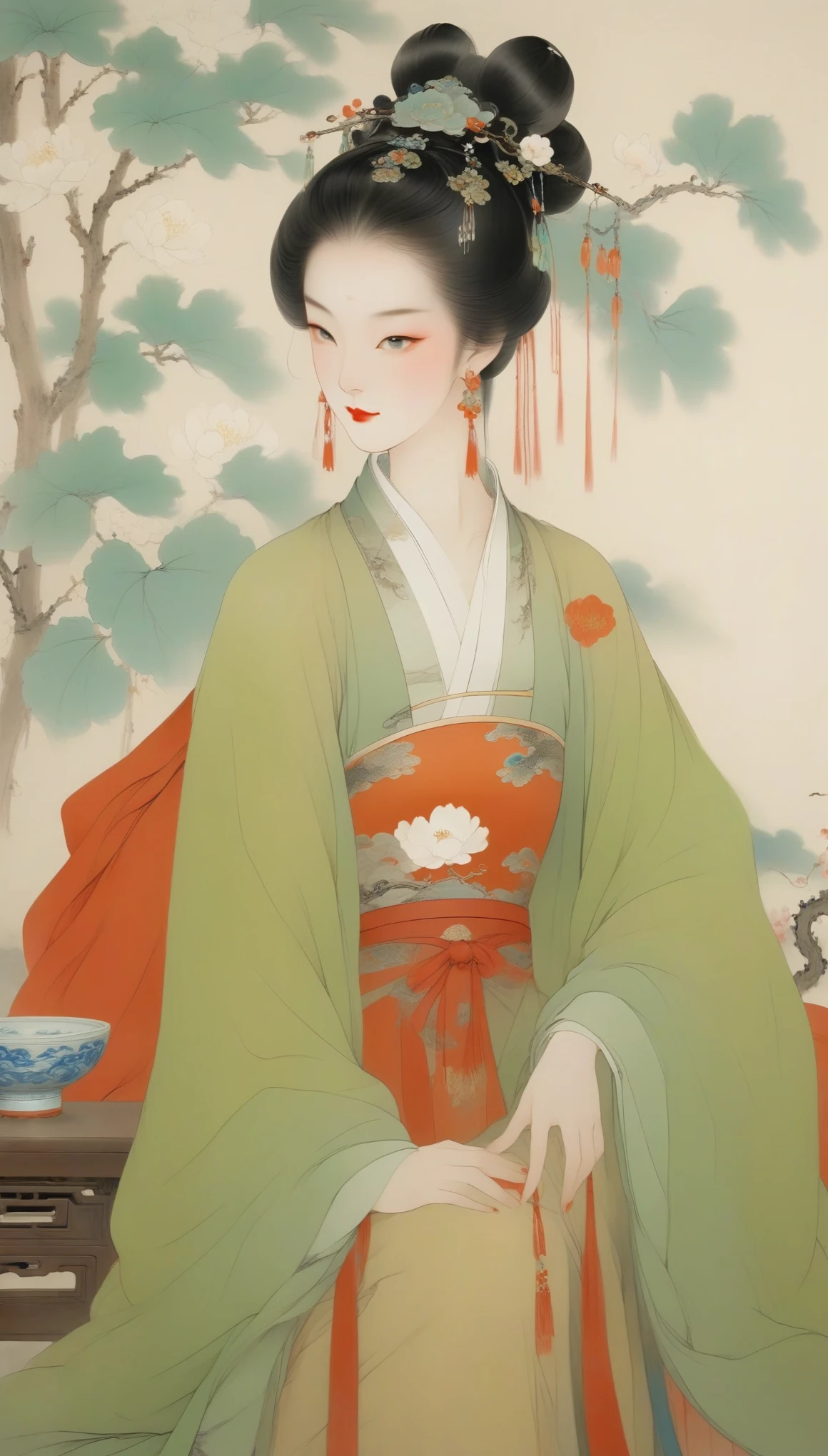 Wu Guanzhong，（Concubine Yang Guifei of the Tang Dynasty of China is drinking wine with wine utensils：0.85），Chinese Tang Dynasty costumes，Yang Guifei is described as having exquisite facial features and a plump and well-proportioned body.。Her face is delicate，Have long, curved eyebrows，Resembling spring willow leaves，Eyes are big and full of energy，Eye corners raised slightly，The bridge of the nose is high and delicate，The small and rosy cherry mouth adds a lot of charm to her，Ears full and white，Hair is black and shiny，Highlights her fair skin，Good figure，The characteristic of women&#39;s clothing in the Tang Dynasty was skirts、shirt、The unity of Pei，An image of bare chest and arms appeared，high bun、Exposed breasts、Red silk draped over shoulders，上着窄袖短shirt，Wearing a green floor-length skirt，The image of a Tang Dynasty woman with a red belt hanging from her waist。Wu Guanzhong兼取中西，His oil paintings are fresh、Bright，Full of national characteristics and lyrical meaning。Later he engaged in innovating ink painting，His paintings are somewhere between figuration and abstraction，Points to note、The rhythm of blending lines and ink blocks，With strong artistic personality and modern flavor。