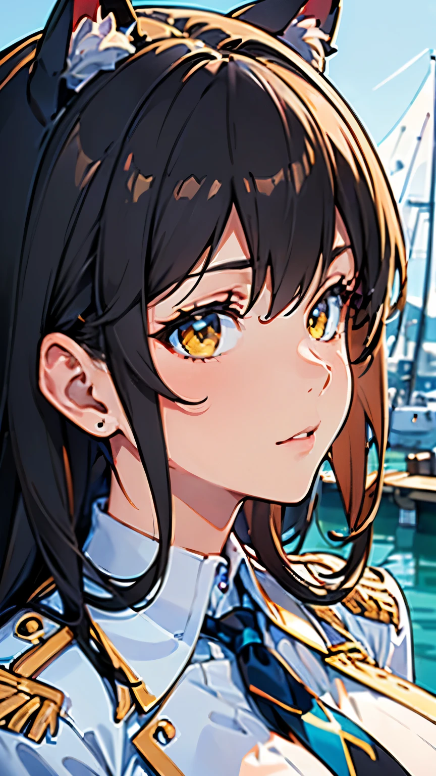 (masterpiece, best quality, RAW photo, intricate details) portrait, closeup, headshot, 1girl / Atago / medium dark hair, amber eyes, cat ears, huge breasts:1.6, ((wearing white admirals uniform)), bokeh, harbour background, blue sky, Azur lane, admiralty, service medals:1.8, epaulettes