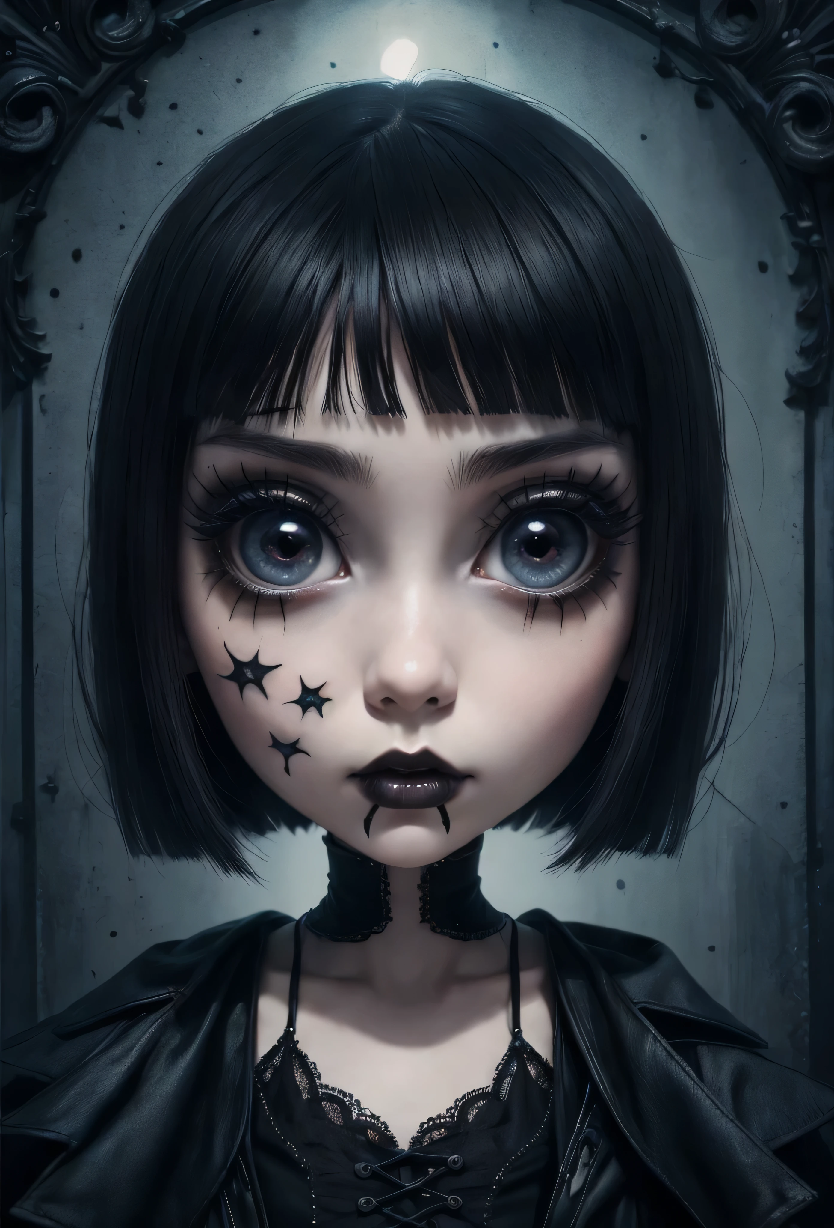 cuadro de una mujer pelirroja y delineador de ojos negro, punk doll, inspirado por Mab Graves, inspirado en Nara Yoshitomo, gothic girl, large eyes with eyelashes, Ojos grandes detallados, gothic girl face, gothic girl, goth face, Creepy Gothic portrait, inspirado en Mark Ryden, Surrealismo pop vulgar, inspirado por Margaret Keane