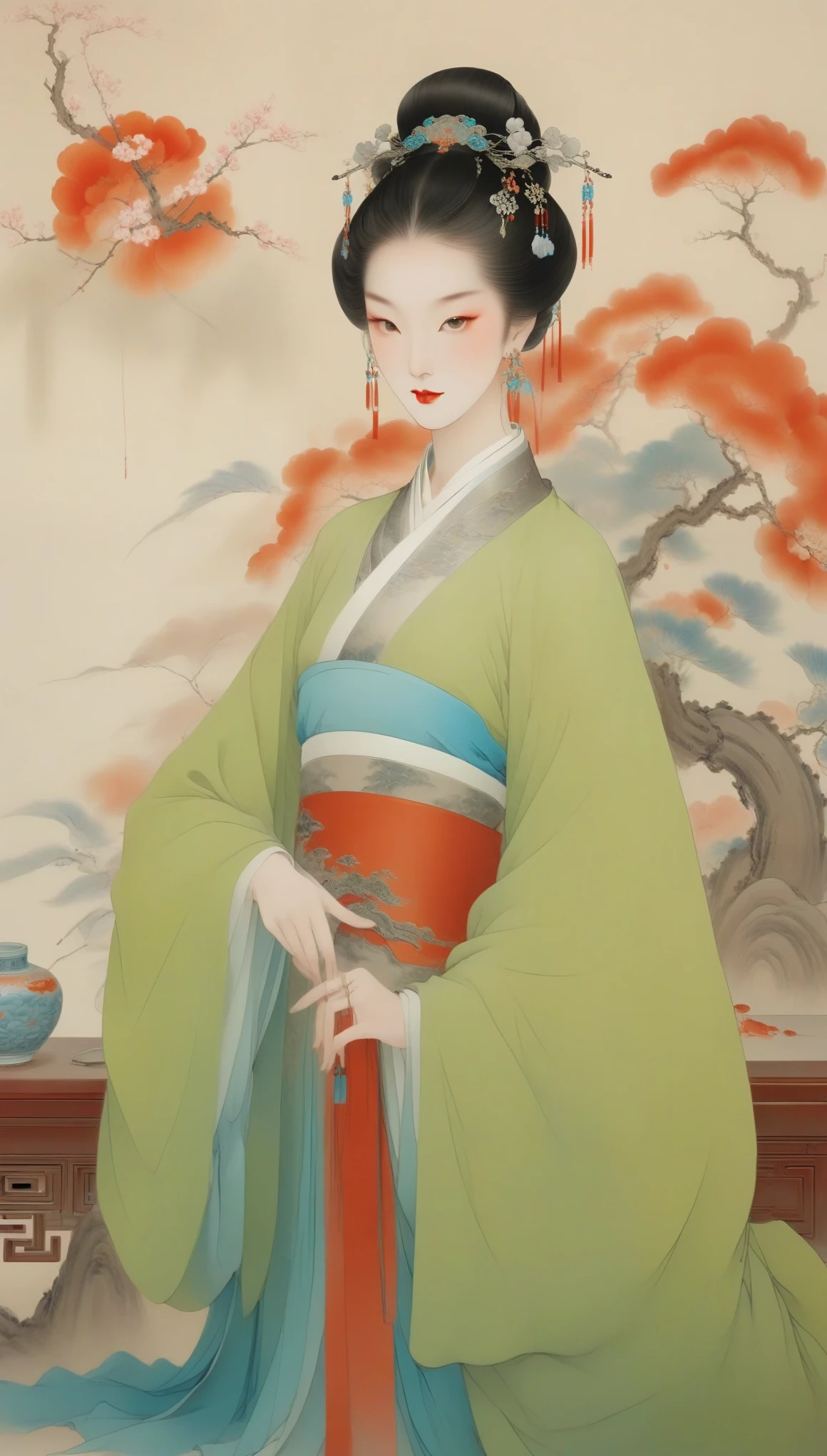 Wu Guanzhong，（The gorgeous and noble Concubine Yang of the Tang Dynasty of China is drinking wine with wine utensils：0.85），(Chinese Tang Dynasty costumes)，high bun、Exposed breasts、Red silk draped over shoulders，上着窄袖短shirt，Wearing a green floor-length skirt，Yang Guifei, a Tang Dynasty woman with a red belt hanging from her waist, is described as having exquisite facial features and a plump and well-proportioned body.。Her face is delicate，Have long, curved eyebrows，Resembling spring willow leaves，Eyes are big and full of energy，Eye corners raised slightly，The bridge of the nose is high and delicate，The small and rosy cherry mouth adds a lot of charm to her，Ears full and white，Hair is black and shiny，Highlights her fair skin，Good figure，The characteristic of women&#39;s clothing in the Tang Dynasty was skirts、shirt、The unity of Pei，An image of bare chest and arms appeared，。Wu Guanzhong兼取中西，His oil paintings are fresh、Bright，Full of national characteristics and lyrical meaning。Later he engaged in innovating ink painting，His paintings are somewhere between figuration and abstraction，Points to note、The rhythm of blending lines and ink blocks，With strong artistic personality and modern flavor。