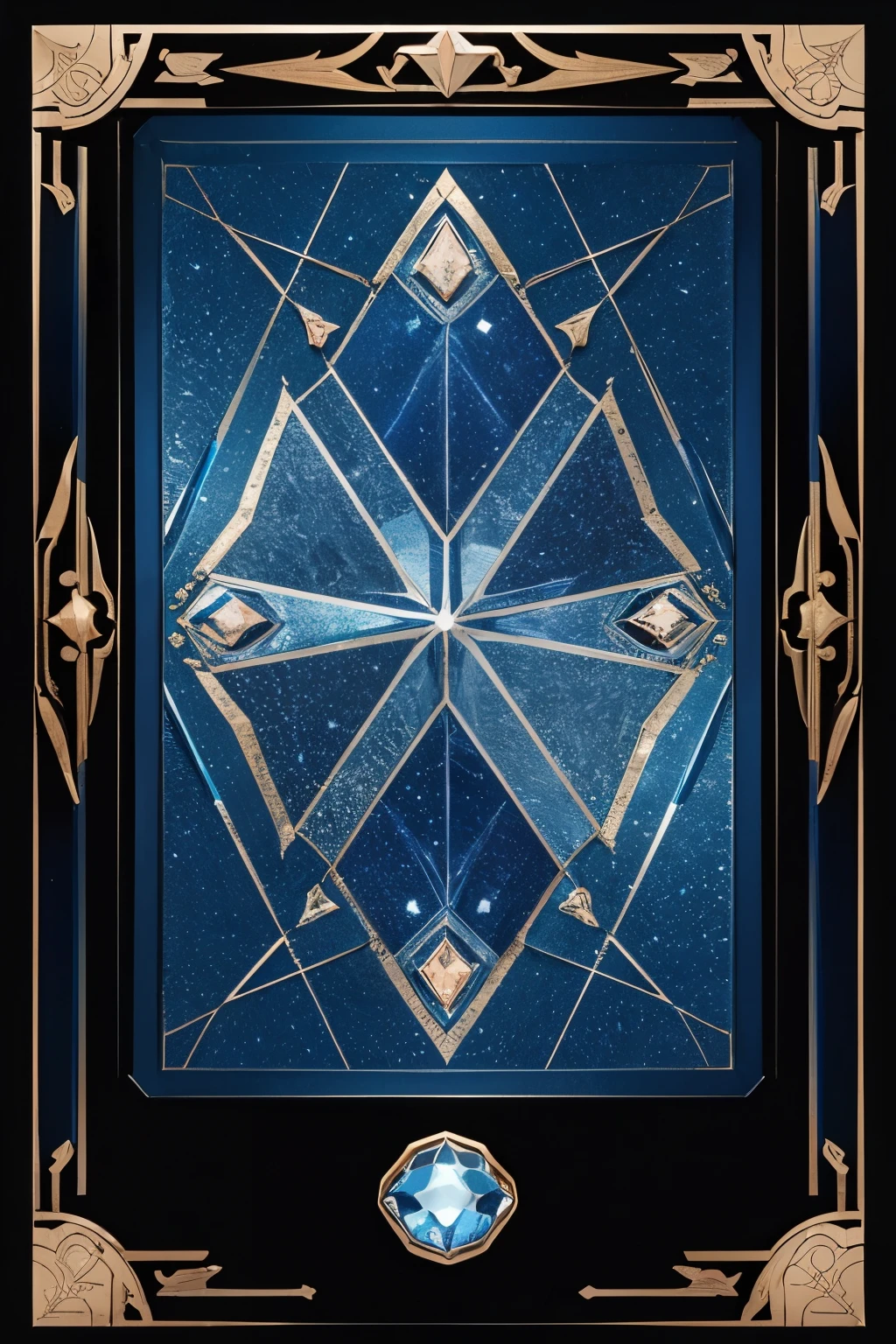 A rectangular card with a background covered with mysterious patterns is suspended in the hand that is lifted up, with a brilliant colored crystal inlaid in the center.