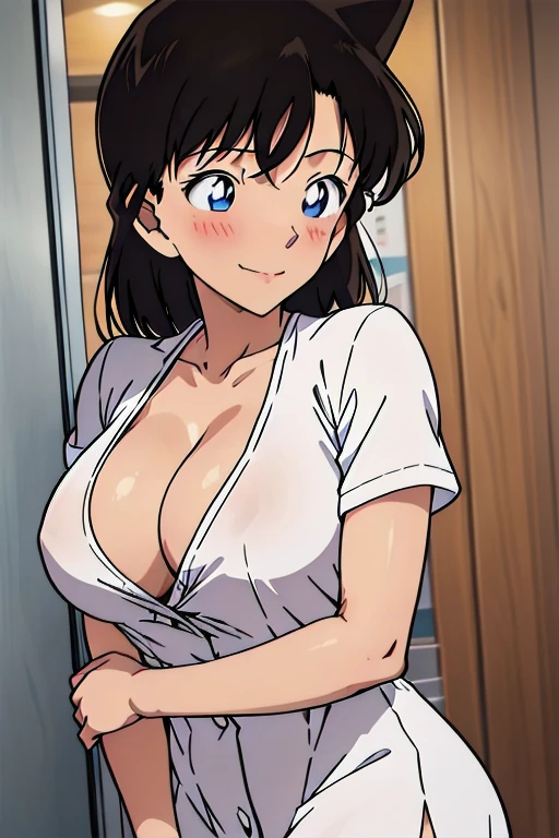 1 girl, nurse, nurse cap, white clothes, ((white knee highs)), blue eyes, smile, Are standing, ((living)), sharp outline, short sleeve, highest quality, masterpiece、exposed、,big breasts、Button flies、(show cleavage)、big breastsを持ち上げる、diagonally from the side、slouch,face to breasts、７hug my old son、hug、Tolerant、put your face in the cleavage。child、を抱き上げる、