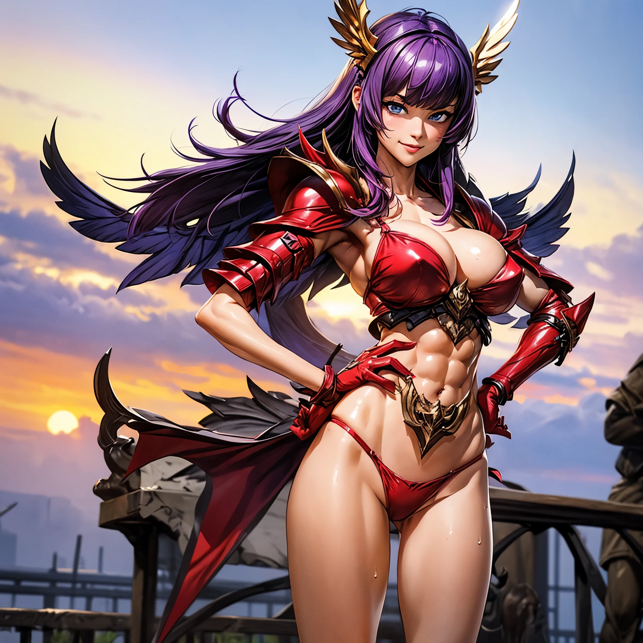 (masterpiece:1.2), (best quality:1.2), perfect eyes, perfect face, volumetric lighting, 1girl, 1boy mature female, hand on hip, flexing biceps, long hair, purple hair, seductive smile, blush, sweat, bikini armor, soldier \(dq3\), winged helmet, red armor, abs, toned, wide hips, thick thighs, huge breasts, sky, detailed background, ((sunset ambiance light:1.0)) add_detail:3