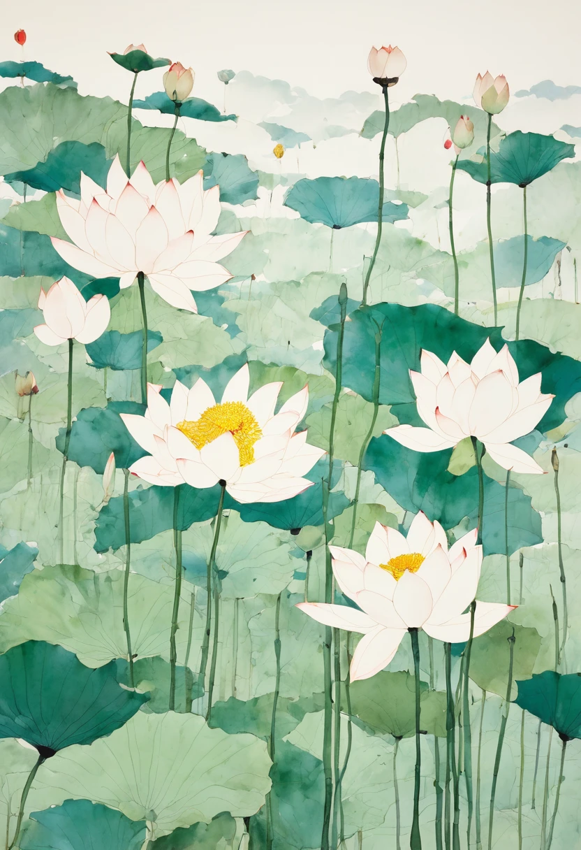 The simple line drawing style of Dry Lotus was inspired by Wu Guanzhong, author：Dazhu bamboo leaves, author：Shozo Shimamoto, Zeng Fanzhi, Juan Miró, by joan snyder, author：Ding Xiongquan, Amano Yoshitaka