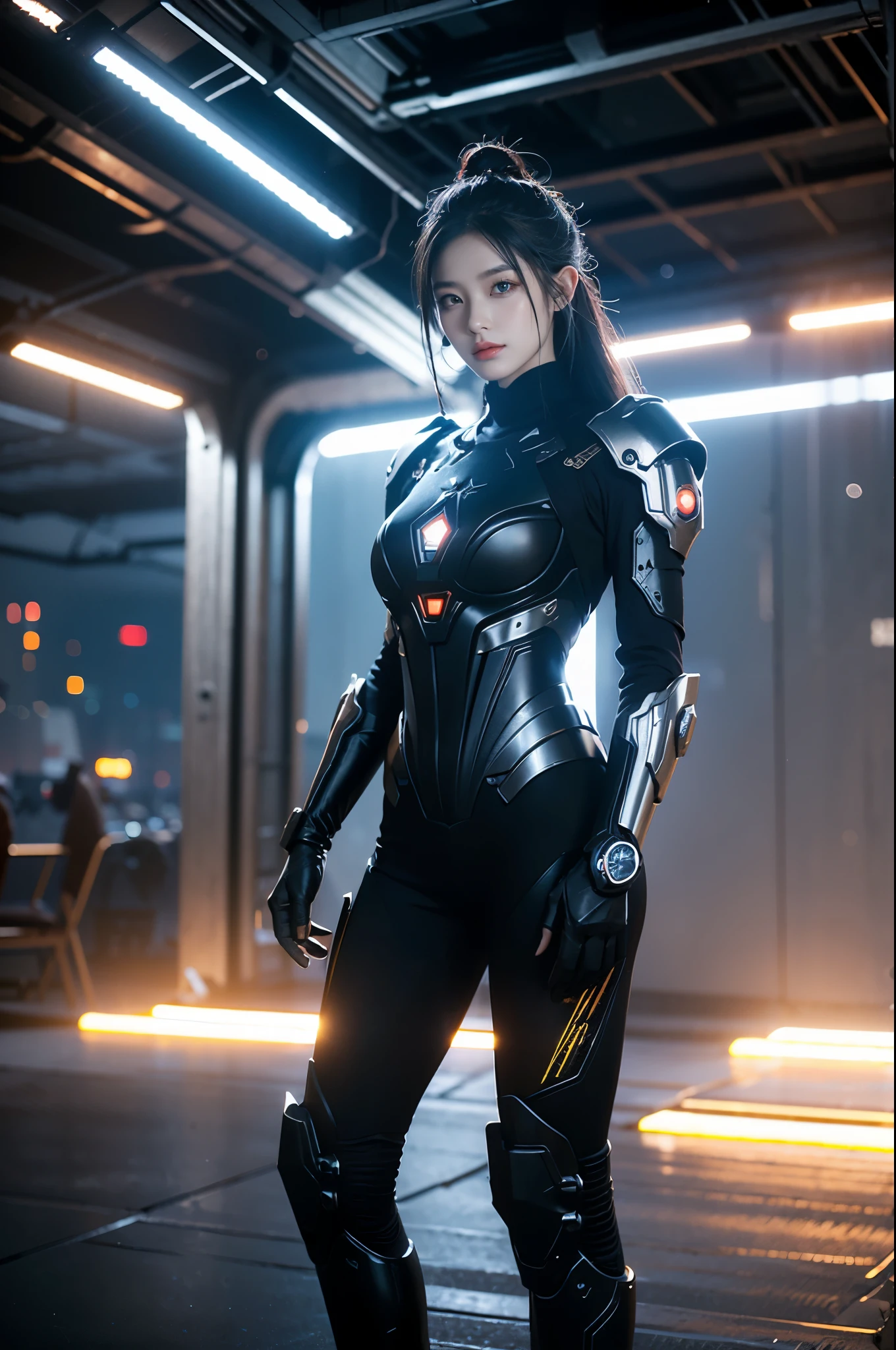 game art,best picture quality,Highest resolution,8k,((A half-length photo)),((portrait)),(rule of thirds),Unreal Engine 5 rendering works, (Future girl),(female warrior), 22-year-old young hacker),(ancient oriental hairstyle),(Beautiful eyes full of details),(big breasts),(eye shadow),Elegant and charming,indifferent,((frown)),(A battle suit full of futuristic technology,The costume combines futuristic power armor and,Clothing is decorated with glittering patterns and emblems),cyberpunk characters,in the style of futuristic, photo poses,city background,lamp,Ray tracing,Game CG,((3D Unreal Engine)),OC rendering reflection pattern