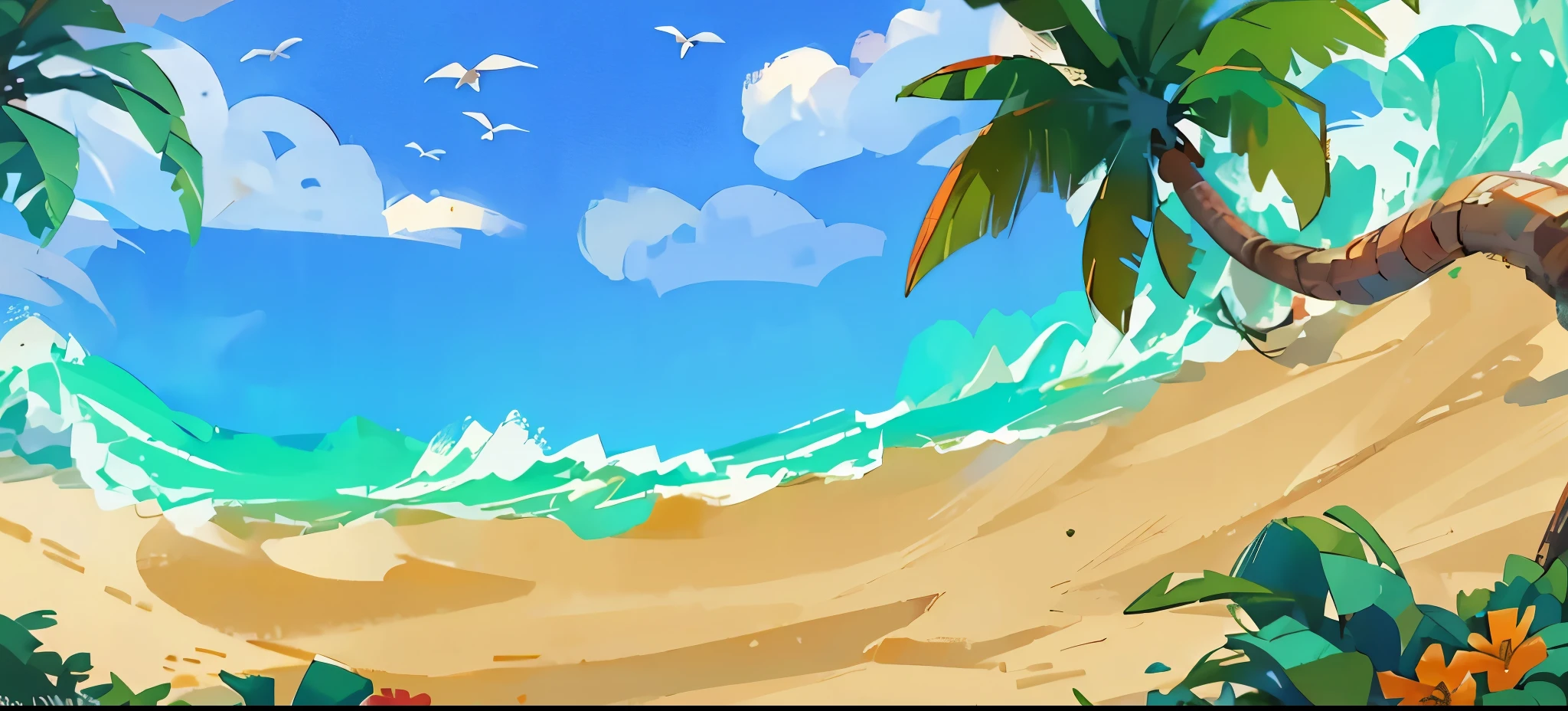 There is a cartoon picture of a beach with palm trees, background artwork, beach background, background art, island background, breeze background, beach view, at a tropical beach, tropical beach, Quick paint, Random background scene, windy beach, sunny day,at the beach, low detail. number, a number, detailed number, long beach background