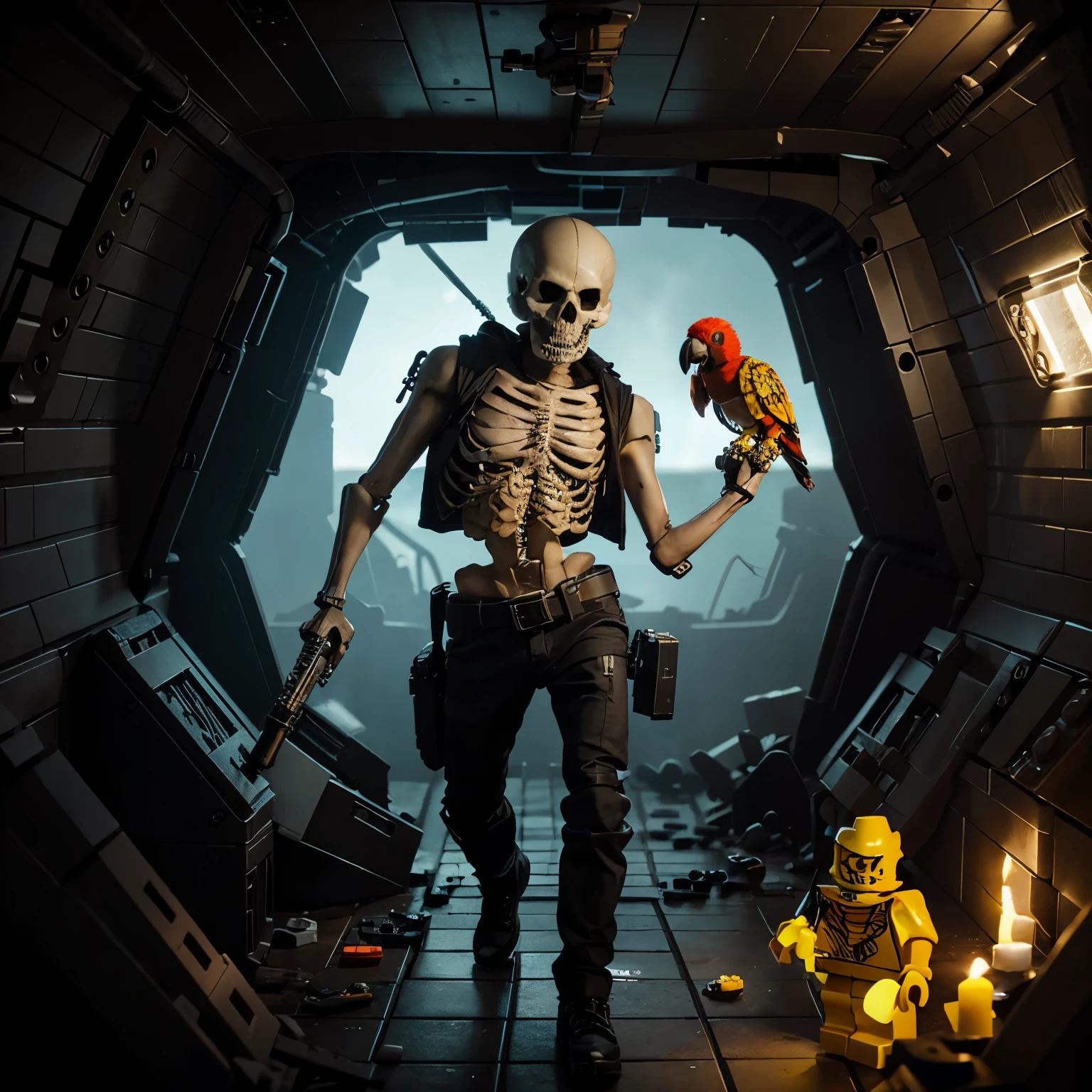 Create a skeleton character from an FPS game holding a colorful Lego shotgun in his right hand and a parrot flying from his left hand, the skeleton character must be in a sunken ship scenario.