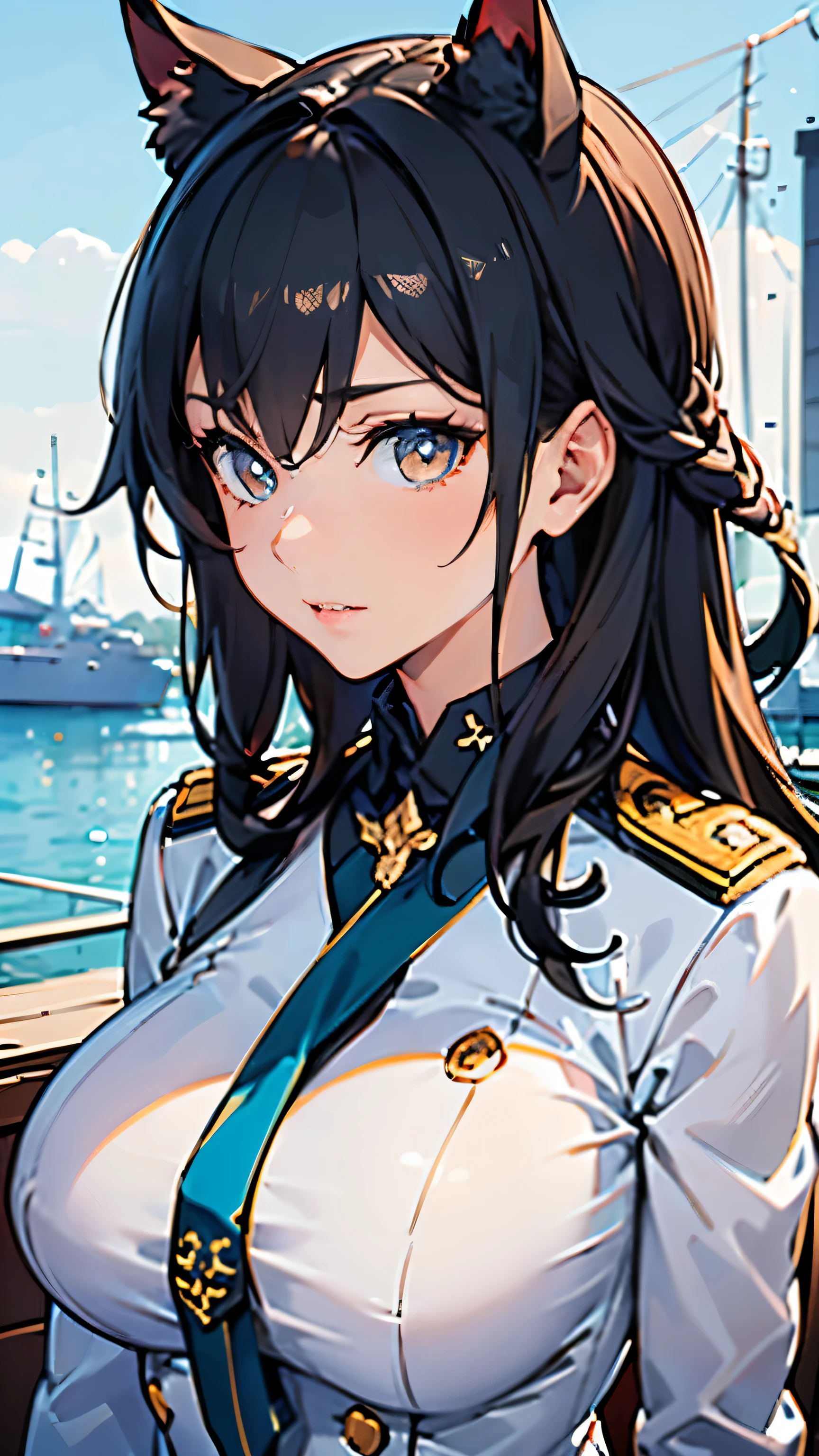 (masterpiece, best quality, RAW photo, intricate details) portrait, closeup, headshot, 1girl / Atago / medium dark hair, amber eyes, cat ears, huge breasts:1.6, ((wearing white admirals uniform)), bokeh, harbour background, blue sky, Azur lane, admiralty, service medals:1.8, epaulettes